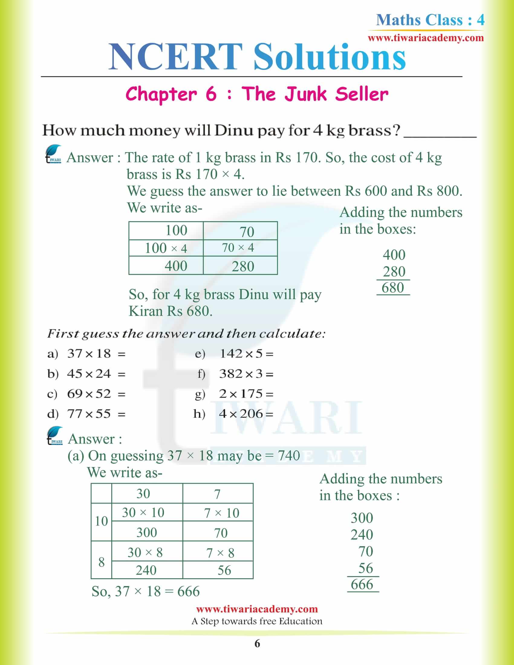 Class 4 Maths NCERT Chapter 6 download free