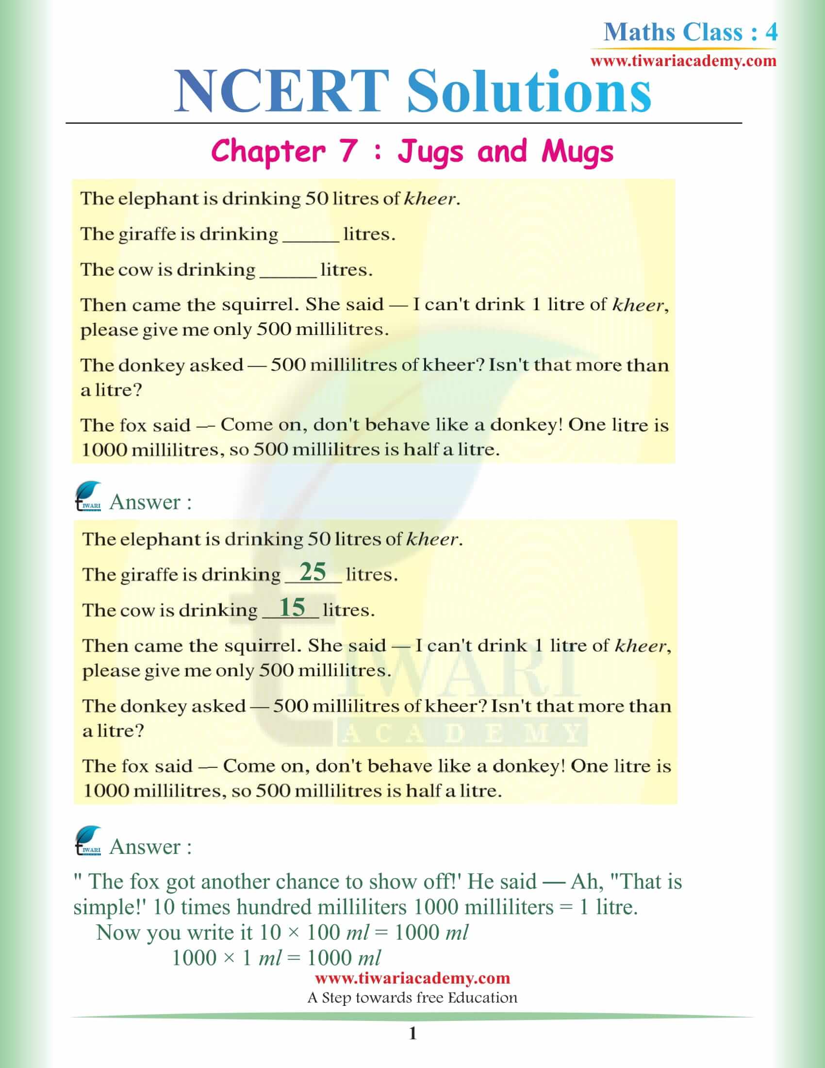 NCERT Solutions for Class 4 Maths Chapter 7 Jugs and Mugs