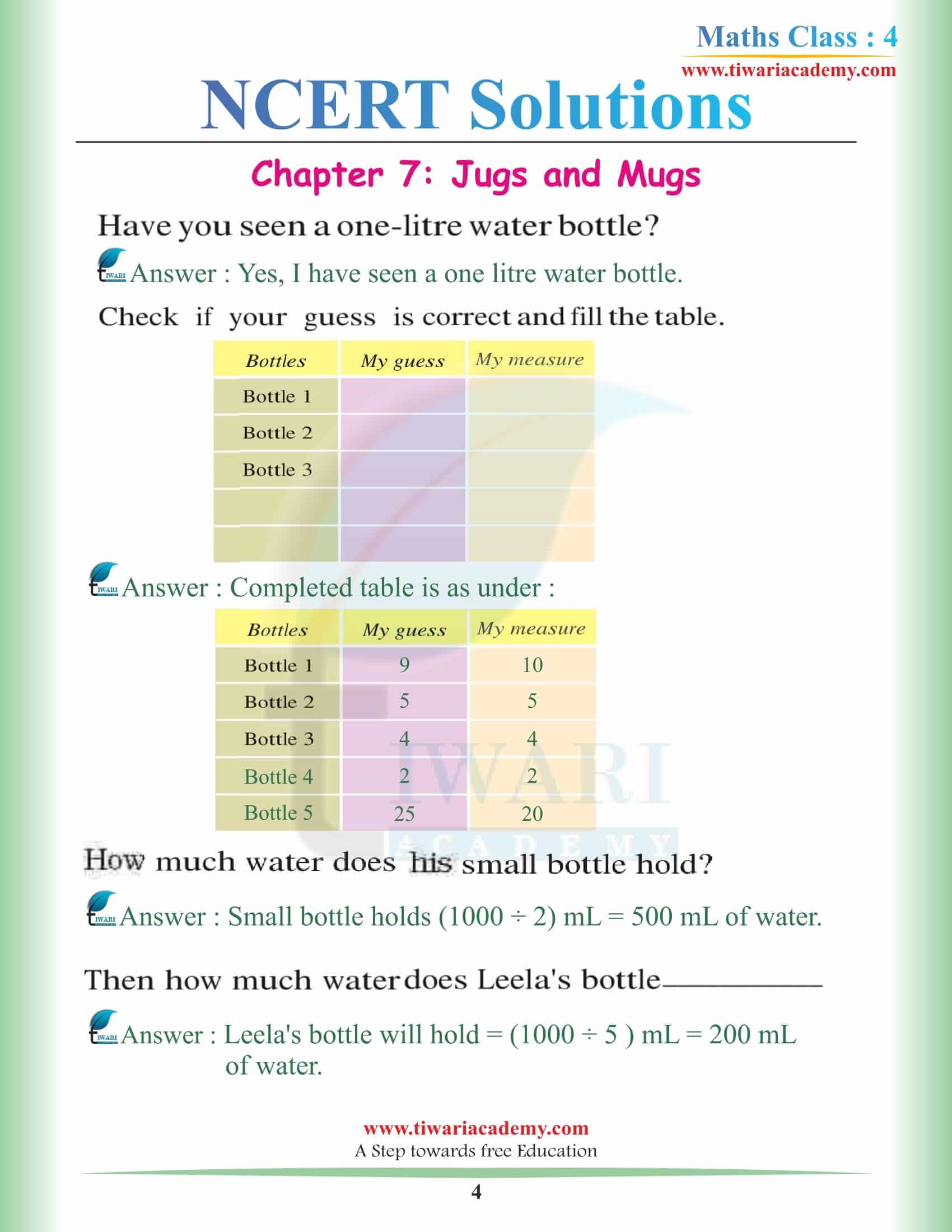 NCERT Solutions for Class 4 Maths Chapter 7 in English Medium