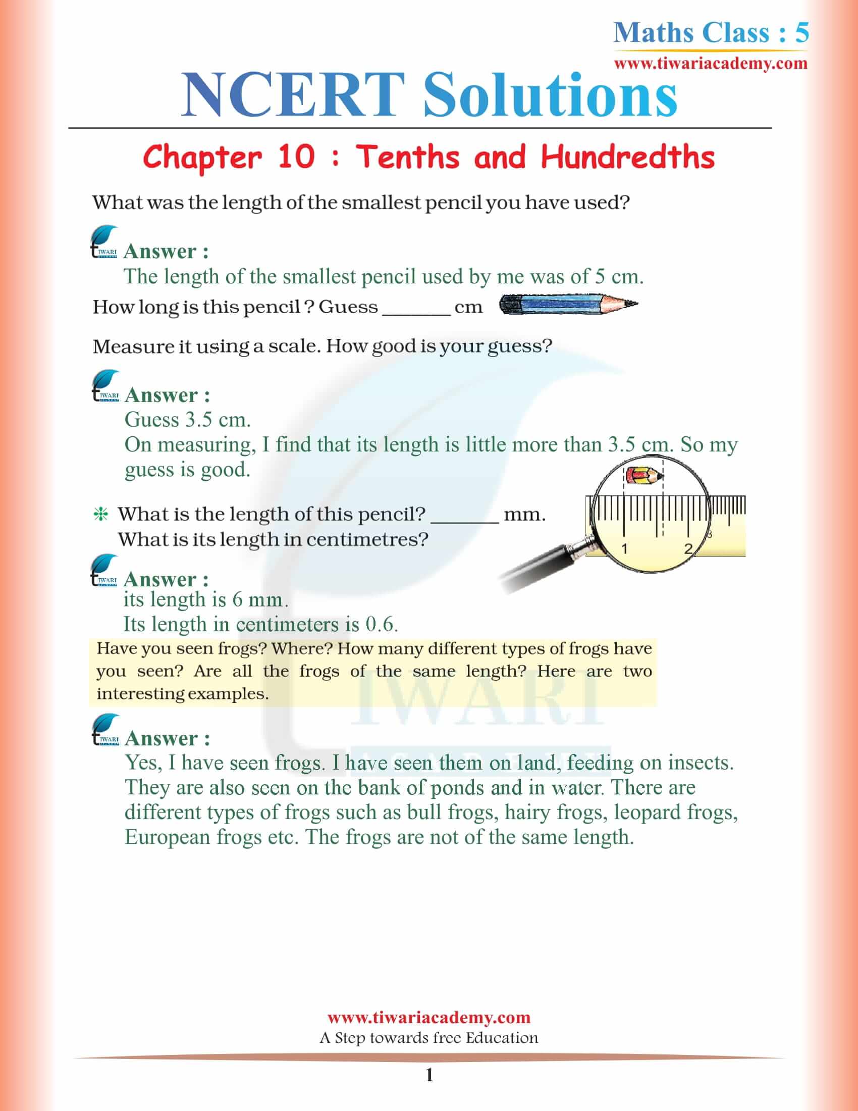 NCERT Solutions for Class 5 Maths Chapter 10 Tenths and Hundredths