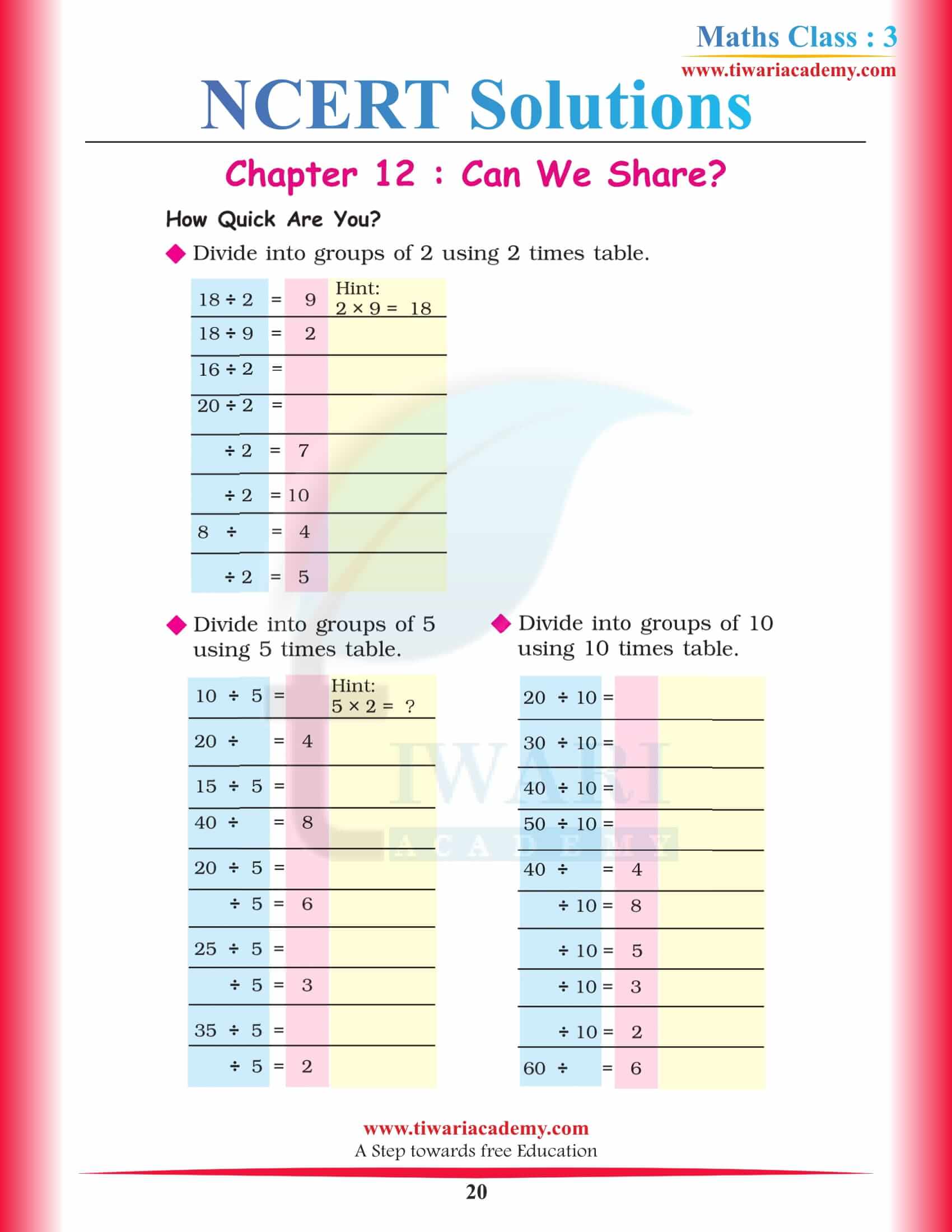 Grade 3 CBSE Maths Chapter 12 Solutions in English Medium