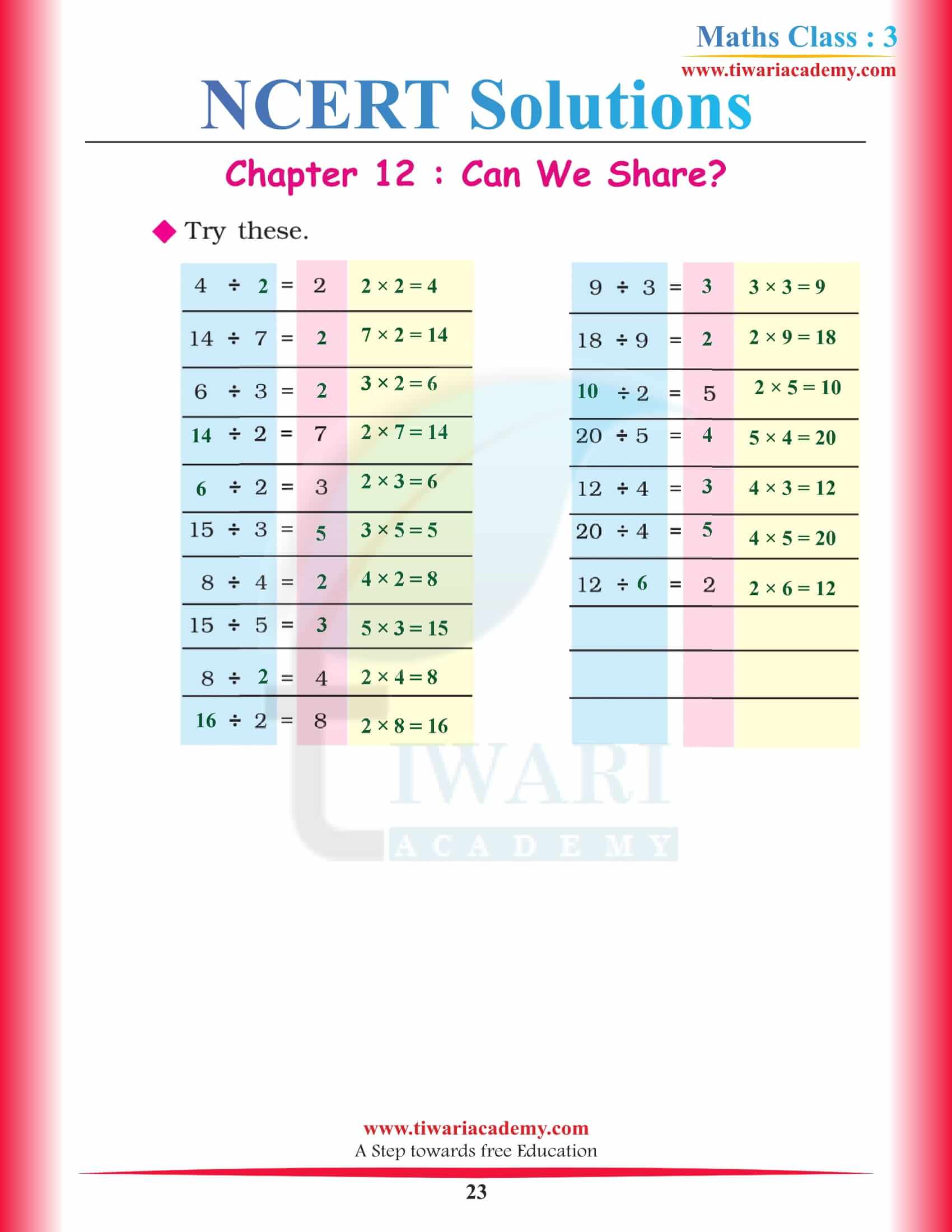 Download Class 3 CBSE Maths Chapter 12 Solutions free download