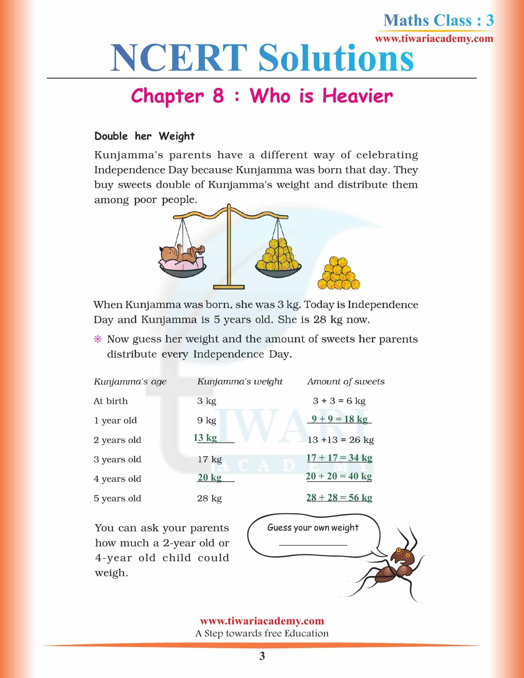 NCERT Solutions for Class 3 Maths Chapter 8 in PDF
