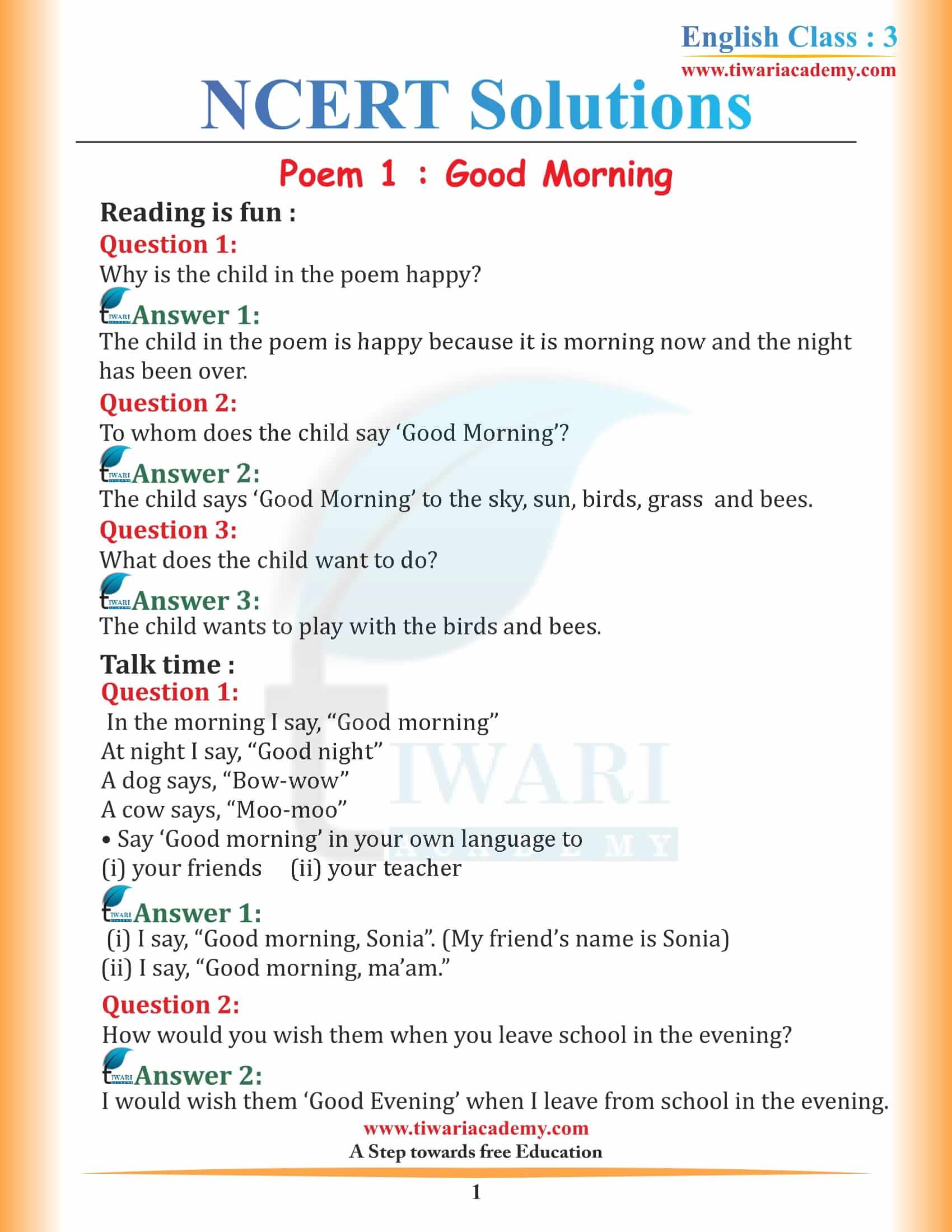 NCERT Solutions for Class 3 English Marigold 3 Unit 1 Chapter 1 Good Morning