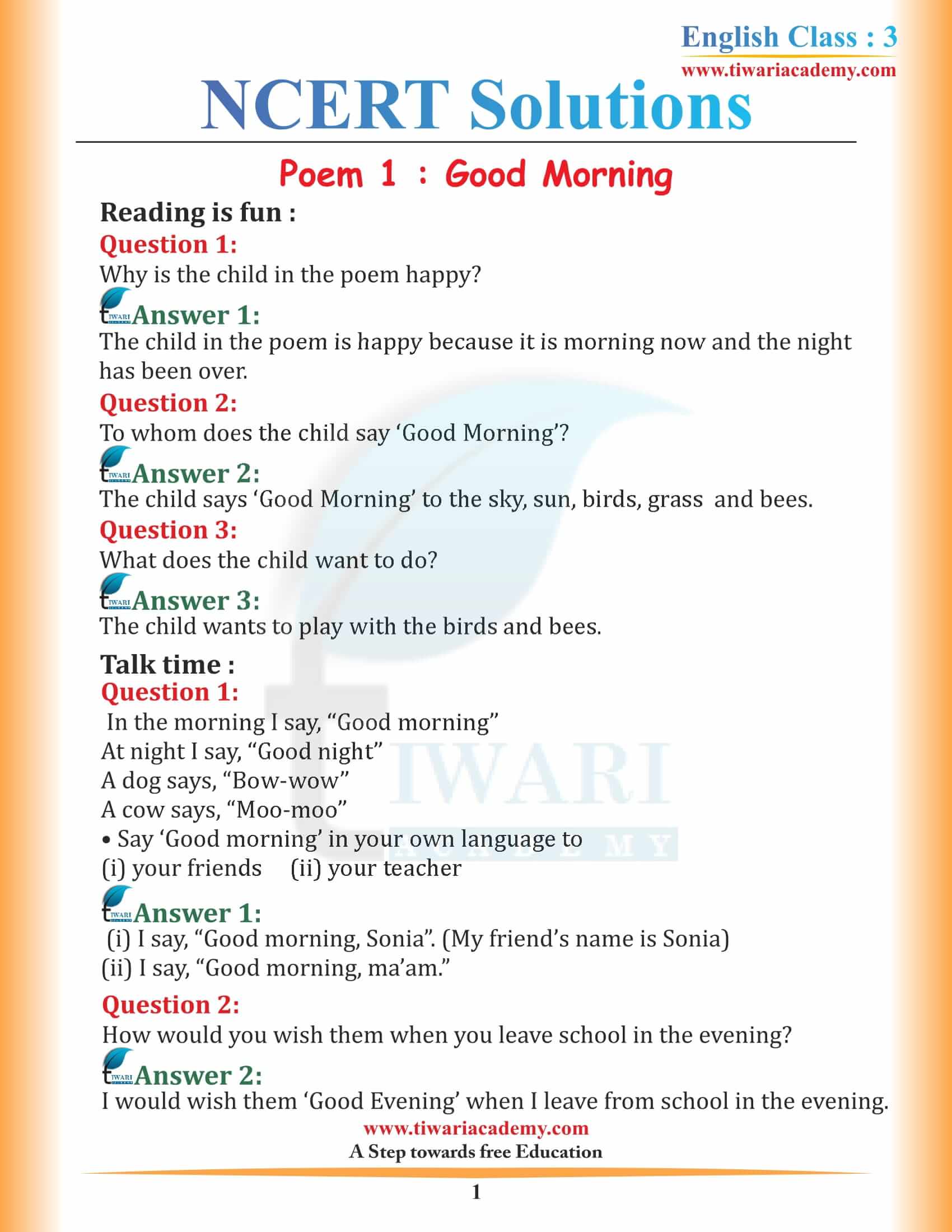 NCERT Solutions for Class 3 English Marigold 3 Unit 1 Chapter 1 Good Morning