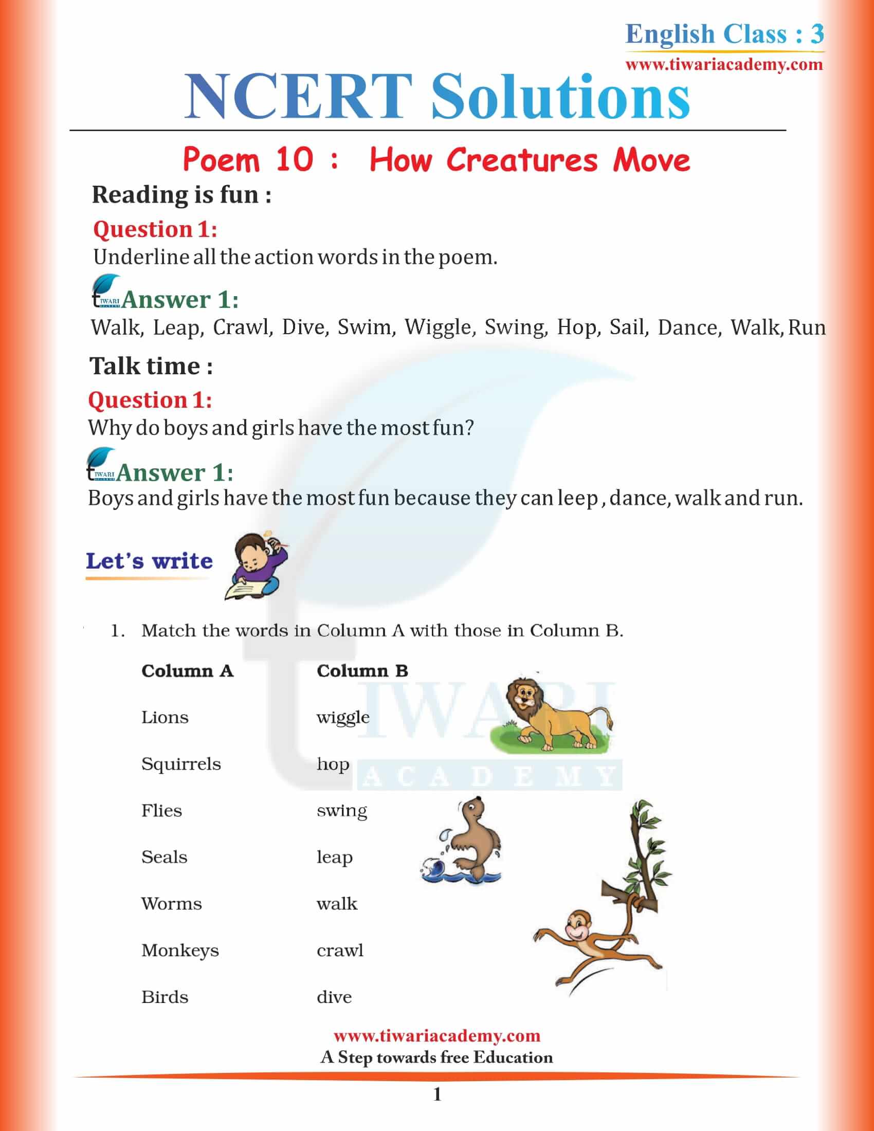 NCERT Solutions for Class 3 English Marigold Unit 10 Chapter 1 How Creatures Move