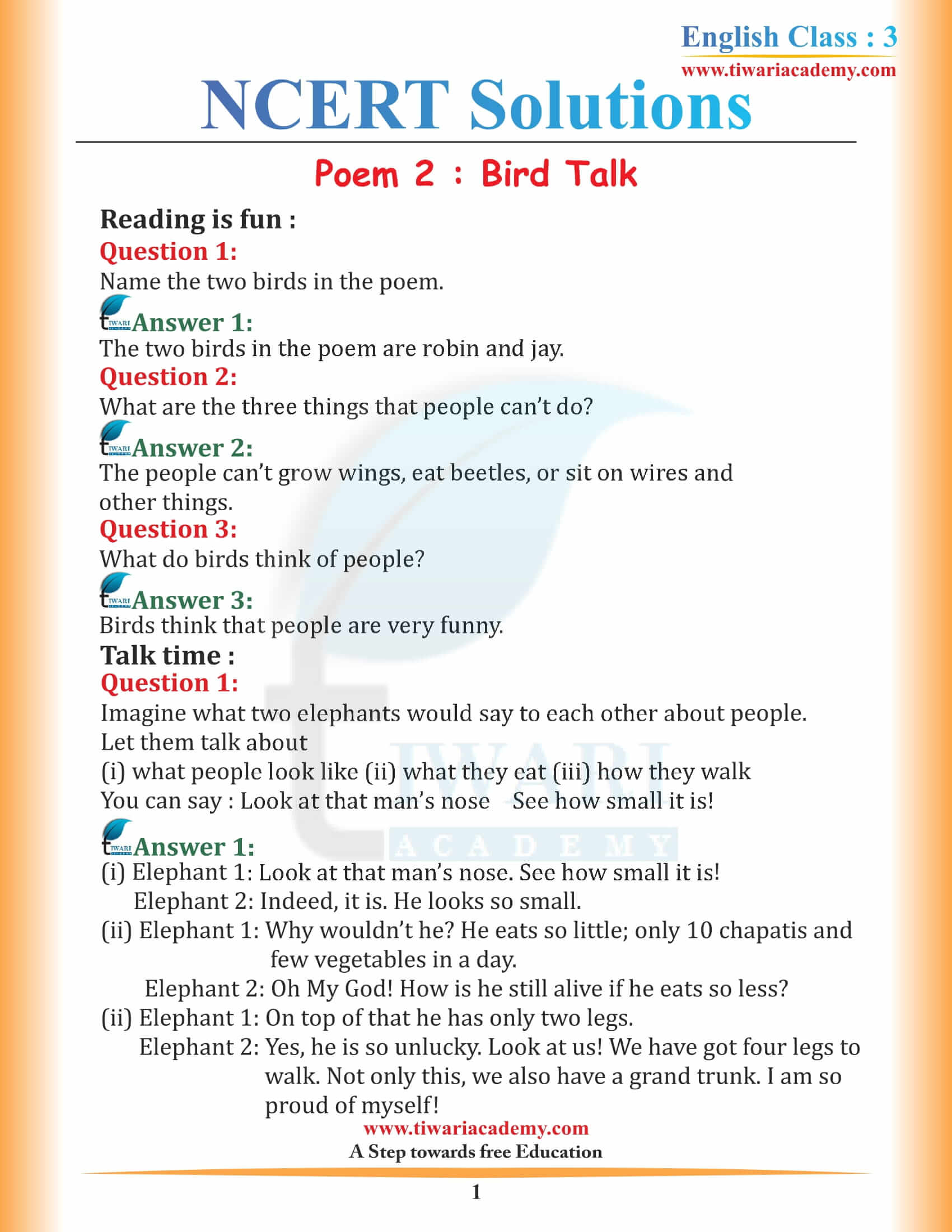 NCERT Solutions for Class 3 English Marigold 3 Unit 2 Chapter 1 Bird Talk