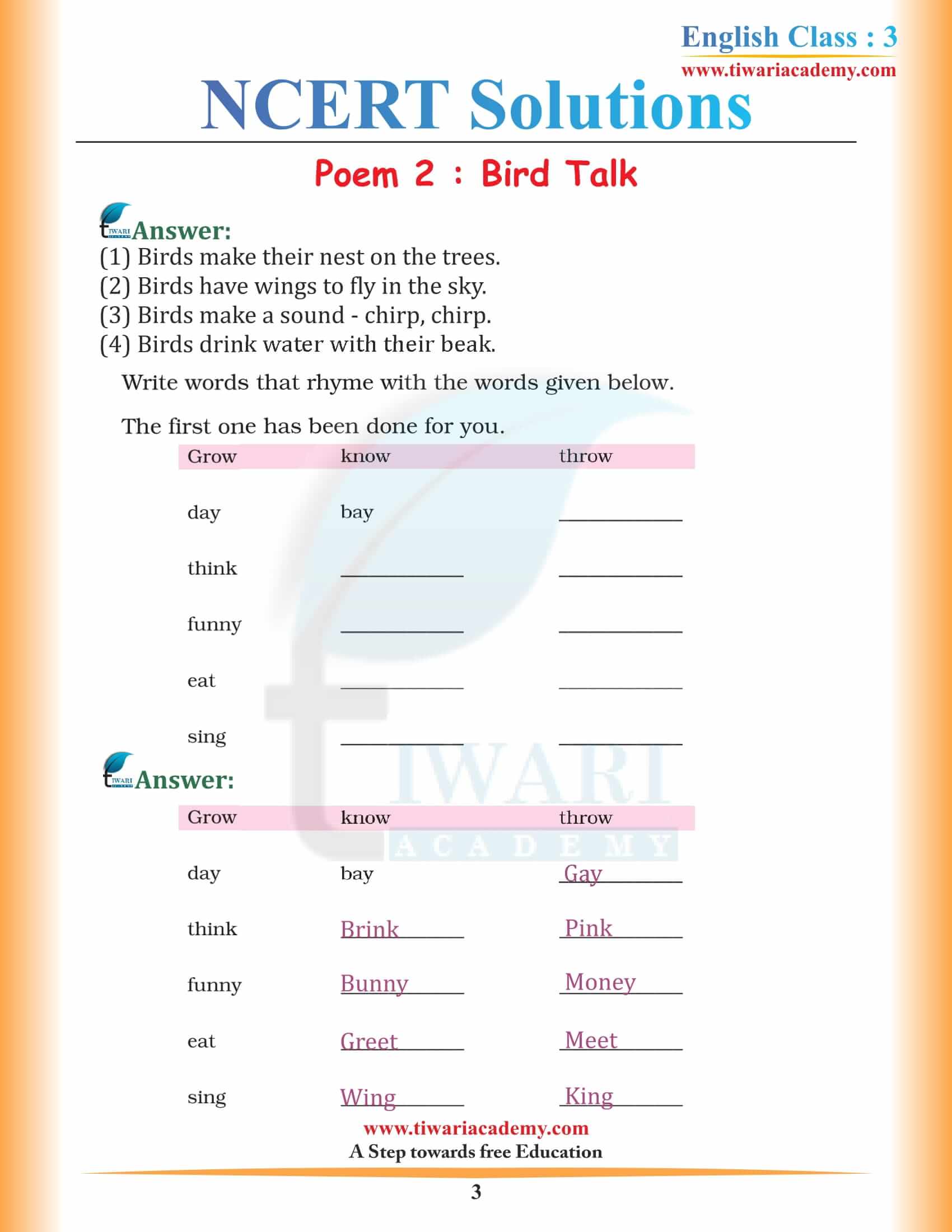 NCERT Solutions for Class 3 English Marigold 3 Unit 2 Bird Talk