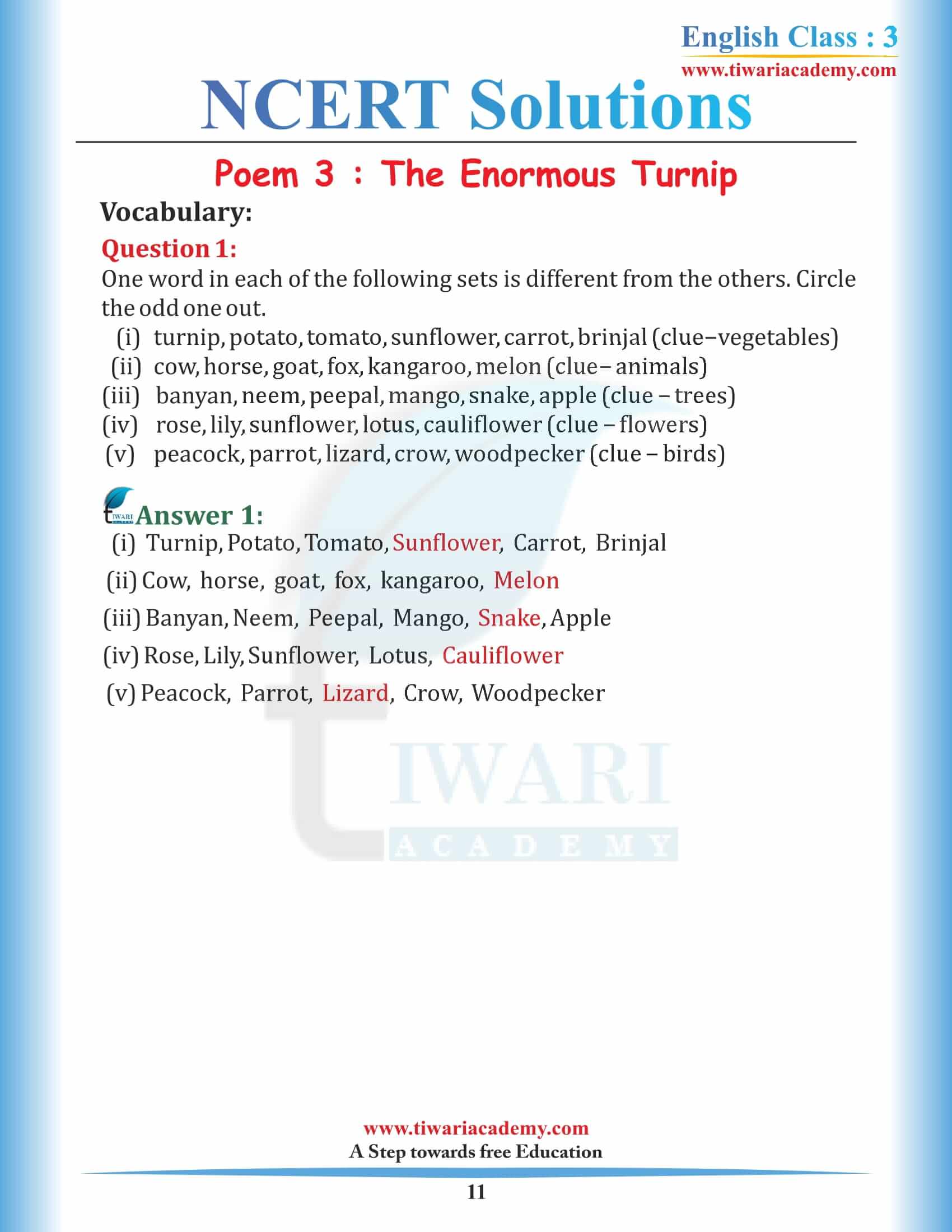 Class 3 NCERT English Book Unit 3 free answers