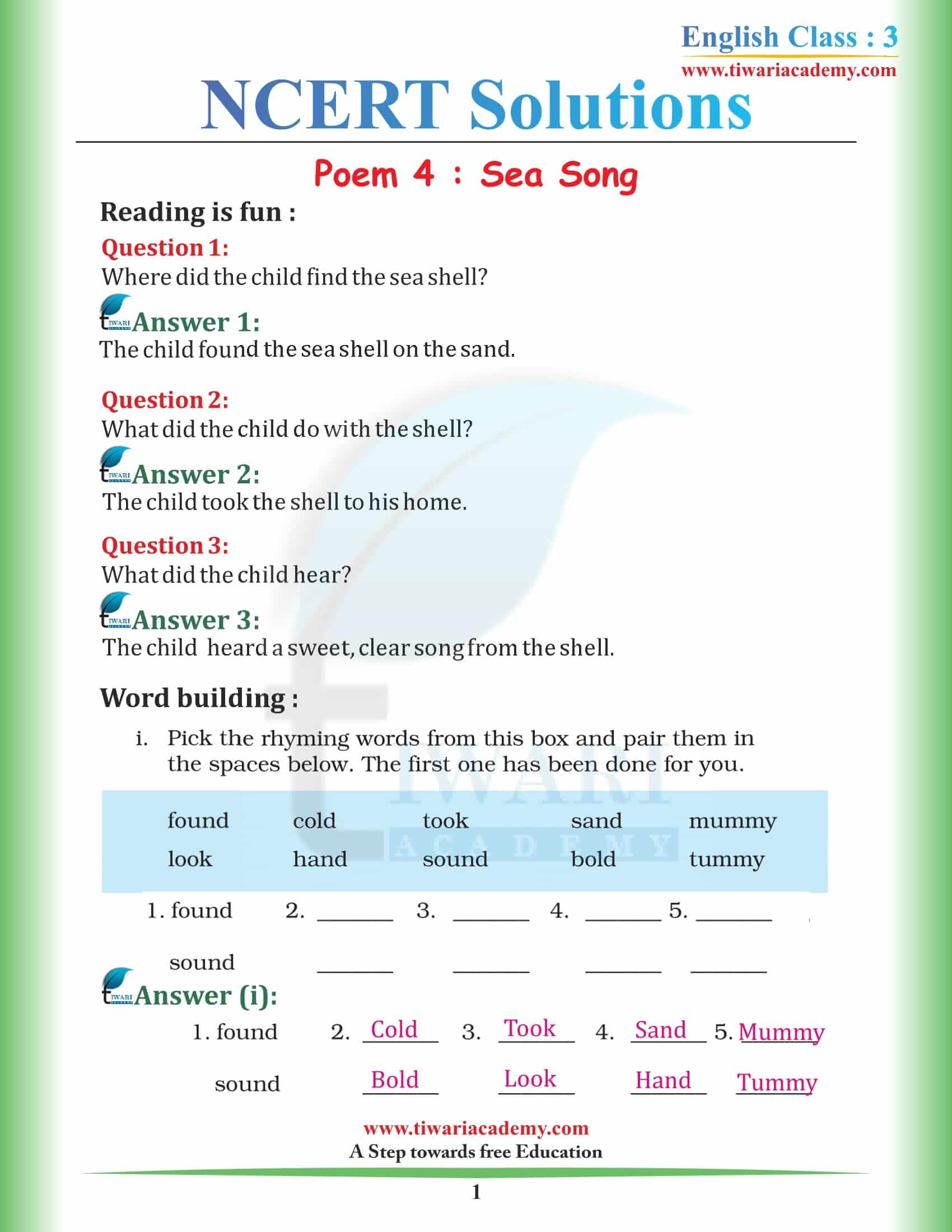 NCERT Solutions for Class 3 English Marigold 3 Unit 4 Chapter Sea Song