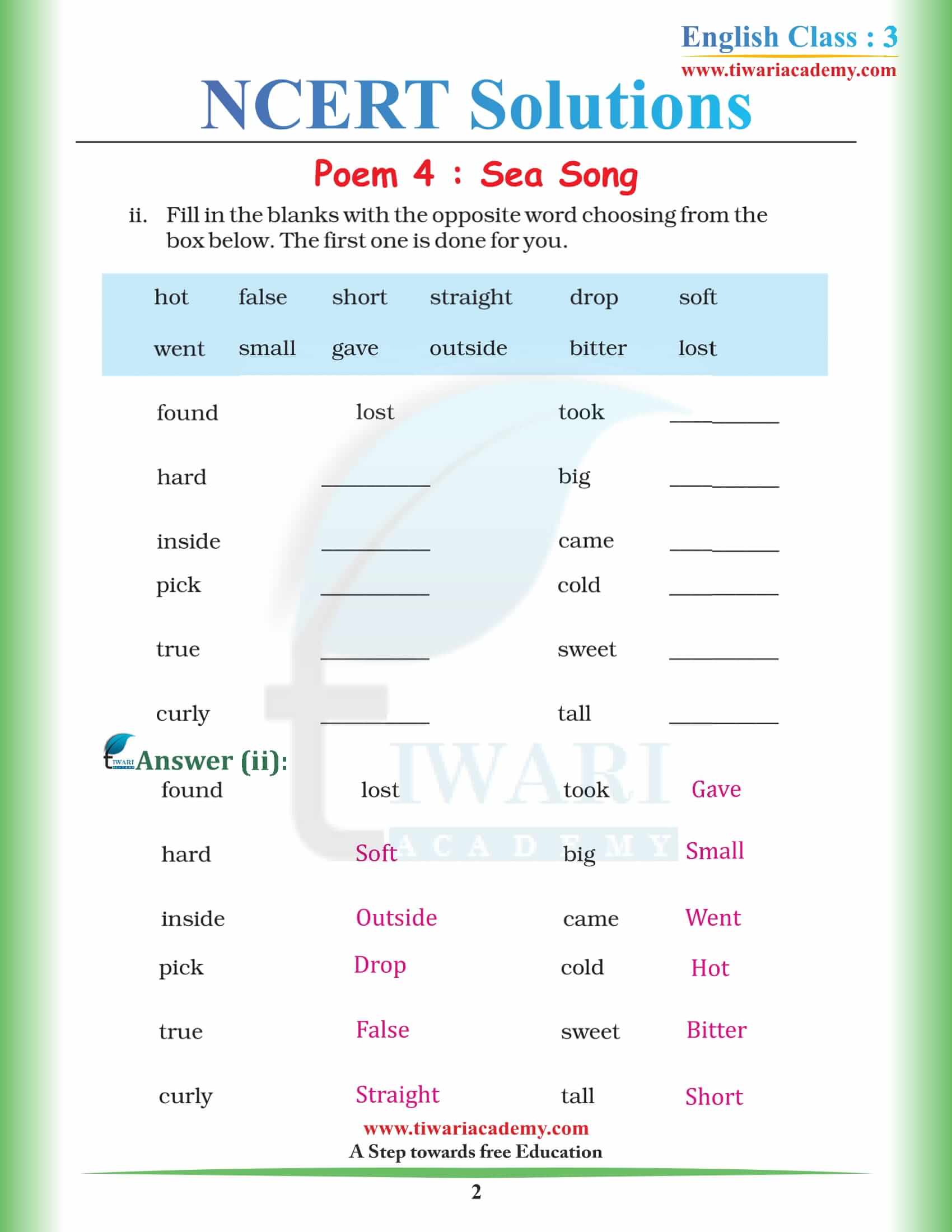 NCERT Solutions for Class 3 English Marigold 3 Unit 4