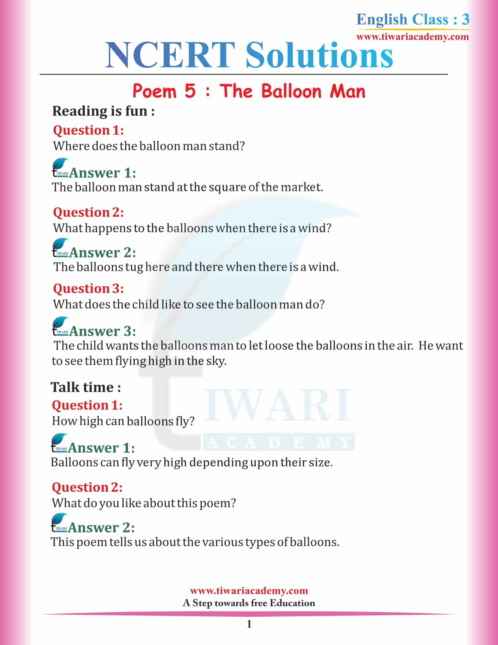 NCERT Solutions for Class 3 English Marigold 3 Unit 5 Chapter 1 The Balloon Man