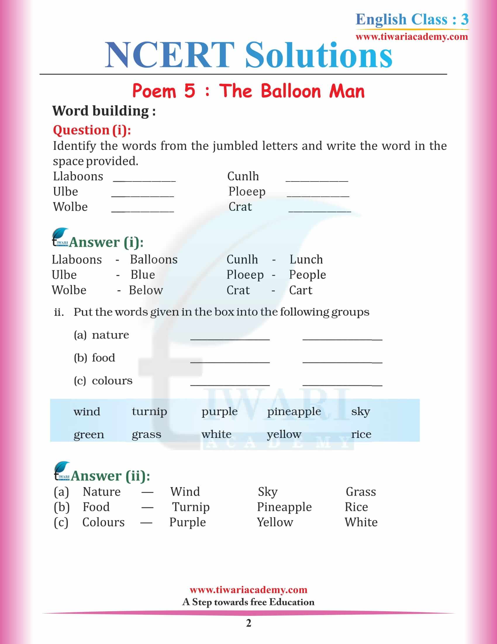 NCERT Solutions for Class 3 English Marigold 3 Unit 5 The Balloon Man