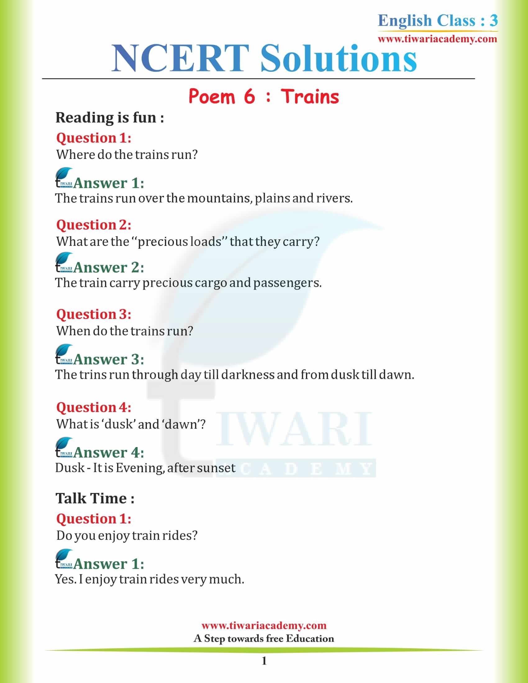 NCERT Solutions for Class 3 English Marigold 3 Unit 6 Trains
