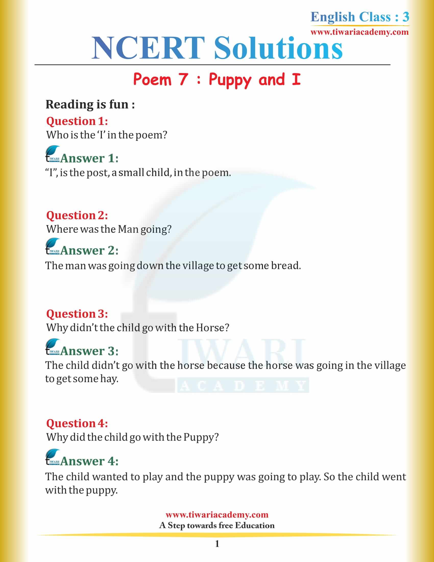 NCERT Solutions for Class 3 English Marigold 3 Unit 7 Chapter 1 Puppy