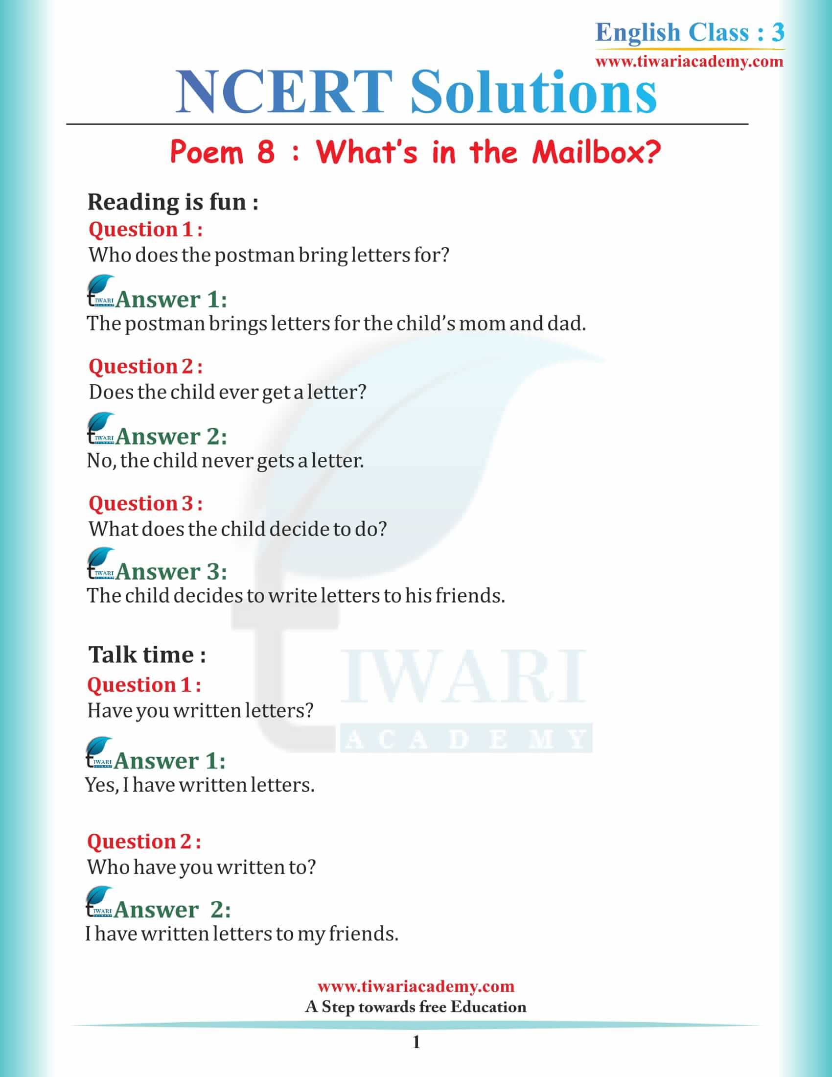 NCERT Solutions for Class 3 English Marigold 3 Unit 8 Chapter 1 What’s in the Mailbox?