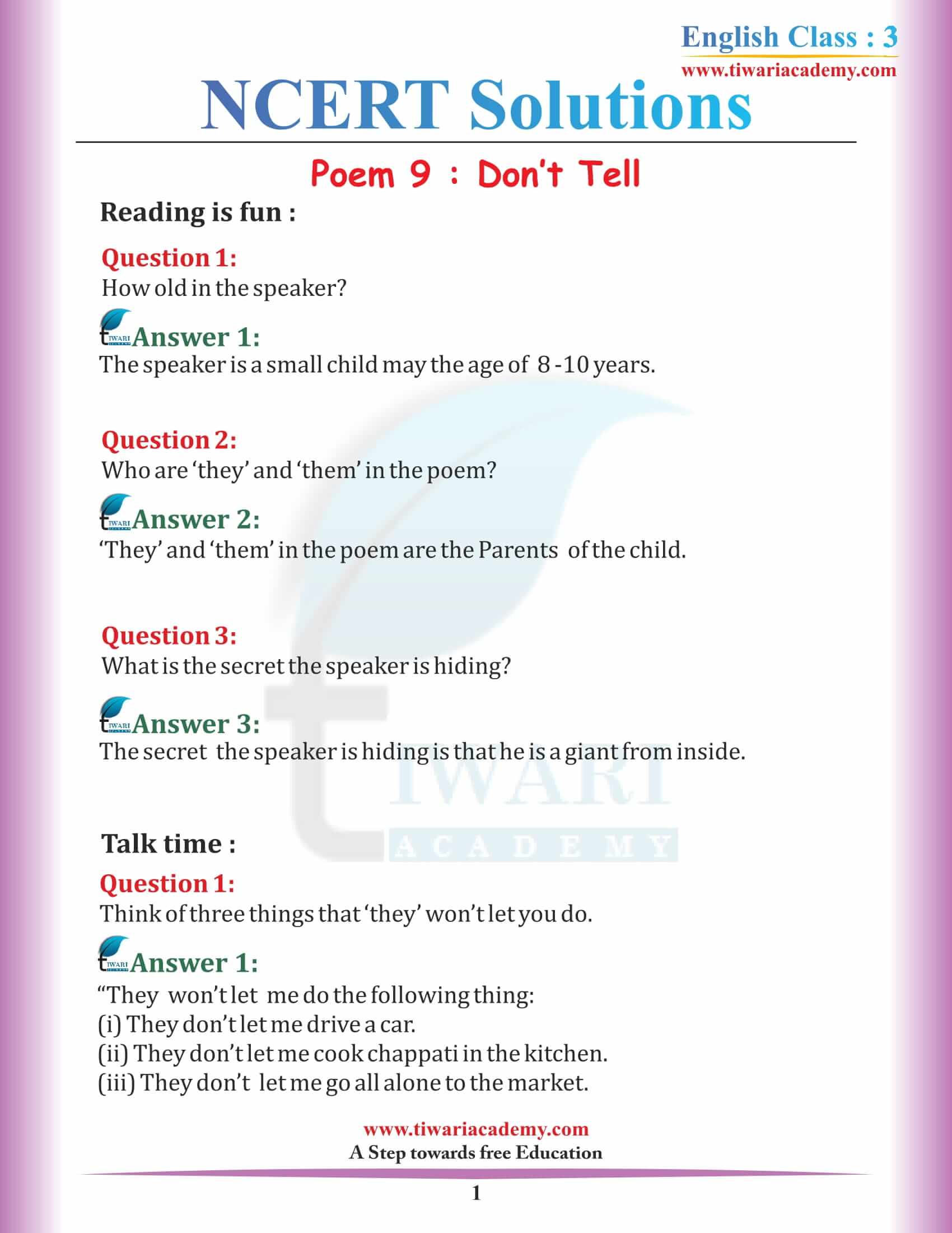 NCERT Solutions for Class 3 English Marigold Unit 9 Don’t Tell
