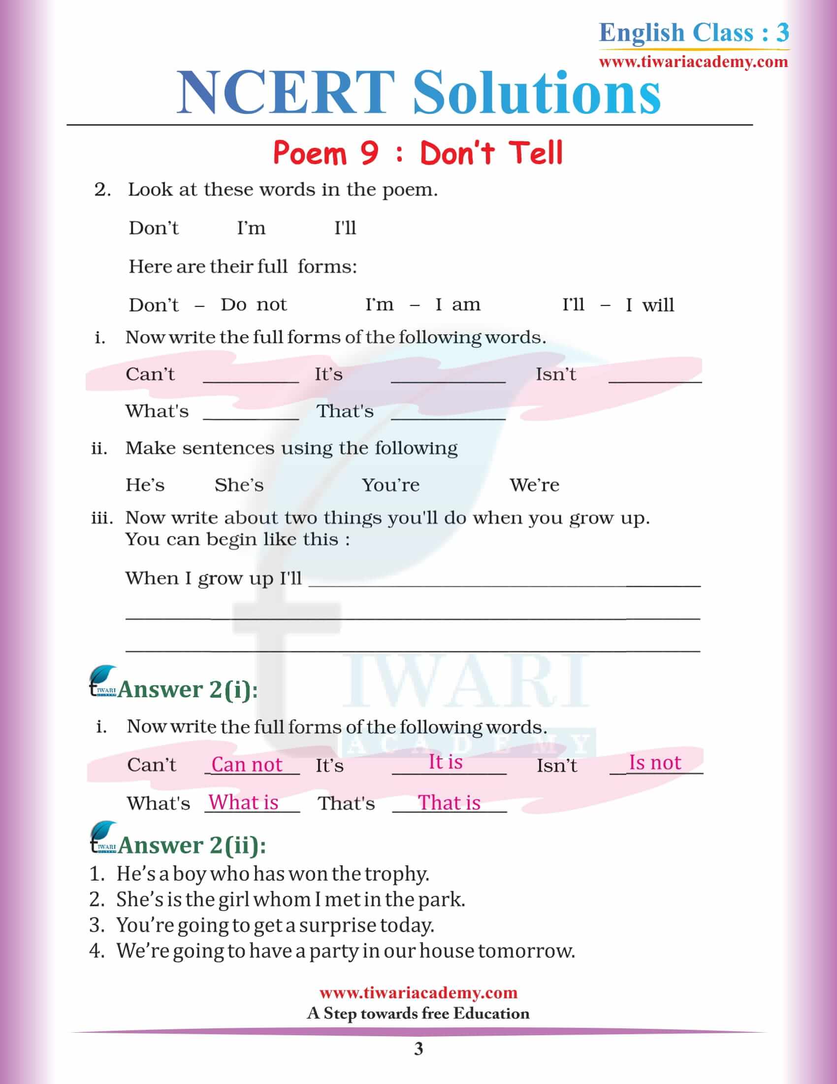 NCERT Solutions for Class 3 English Unit 9