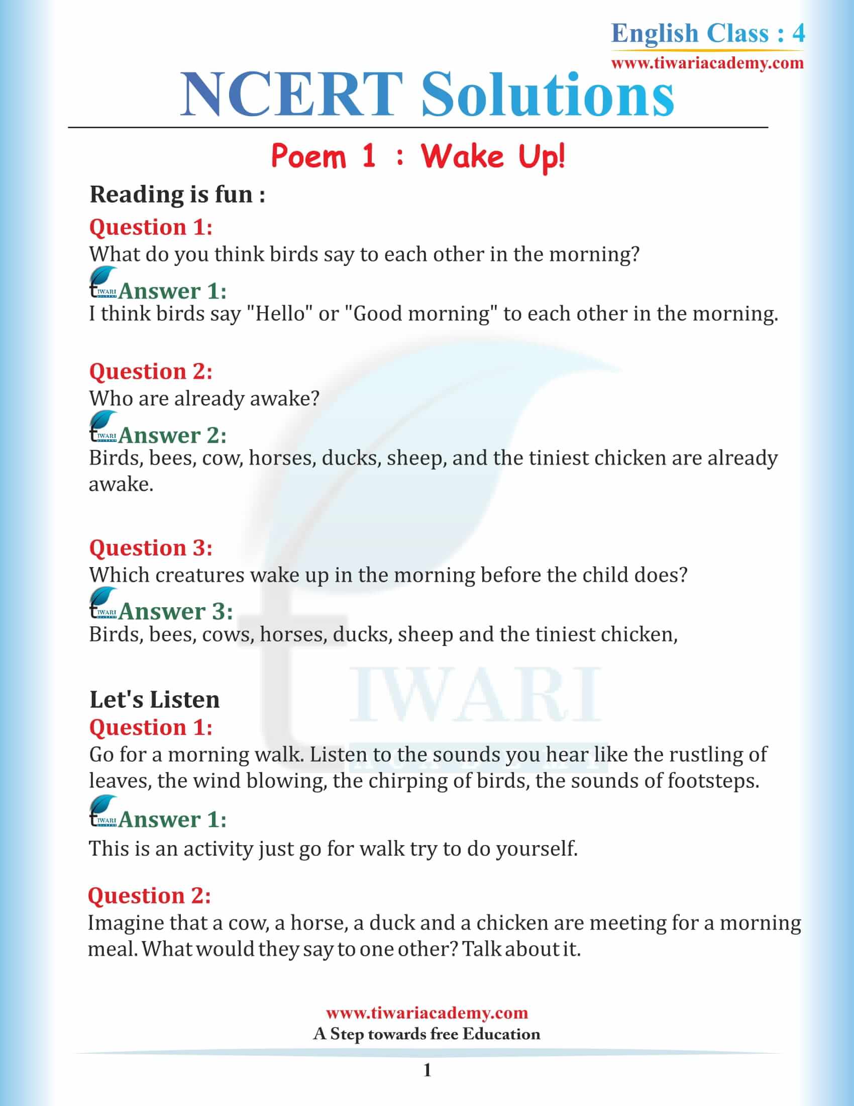 NCERT Solutions for Class 4 English Unit 1 Chapter 1 Wake Up