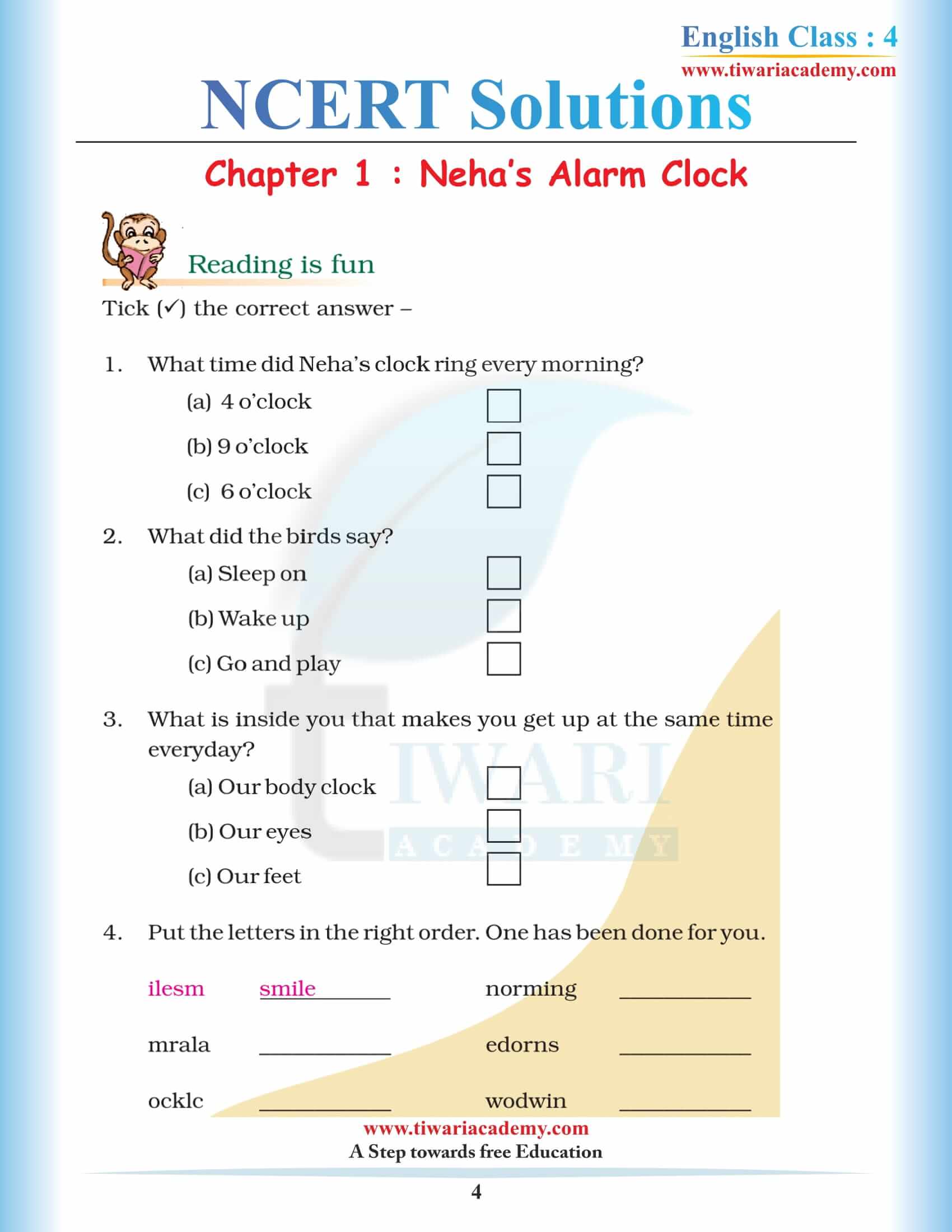 NCERT Solutions for Class 4 English Unit 1 Answers