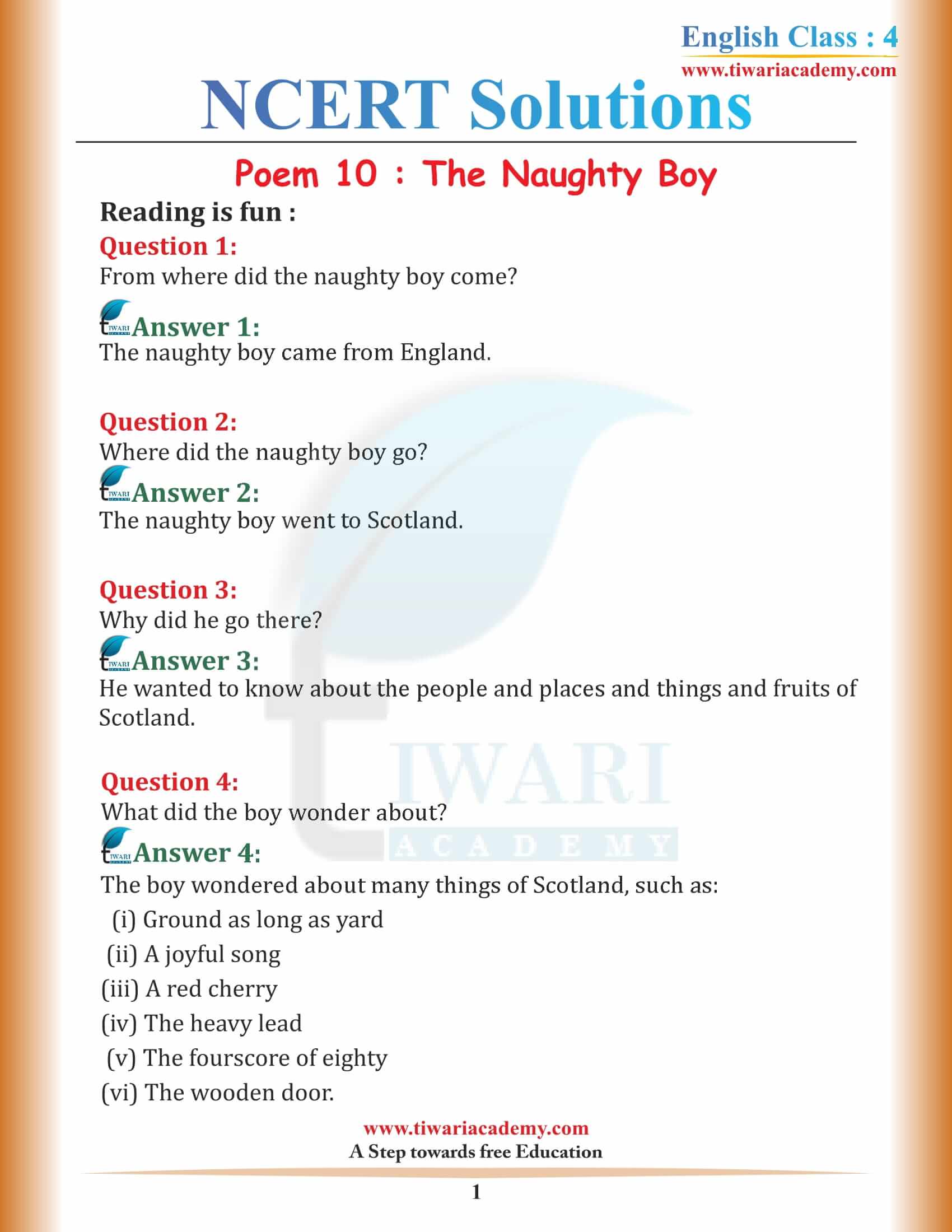 NCERT Solutions for Class 4 English Unit 10 Chapter 1 The Naughty Boy