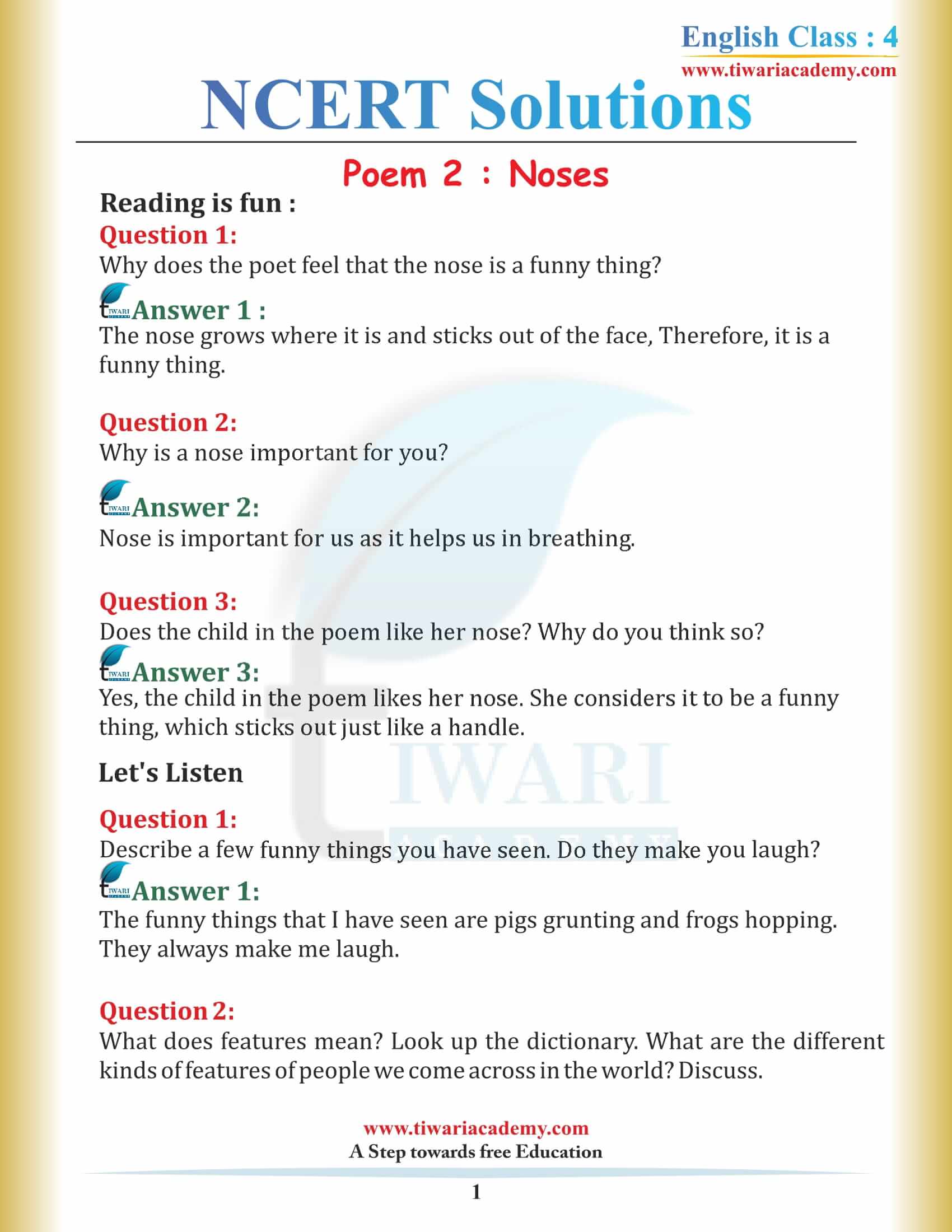 NCERT Solutions for Class 4 English Unit 2 Chapter 1 Noses