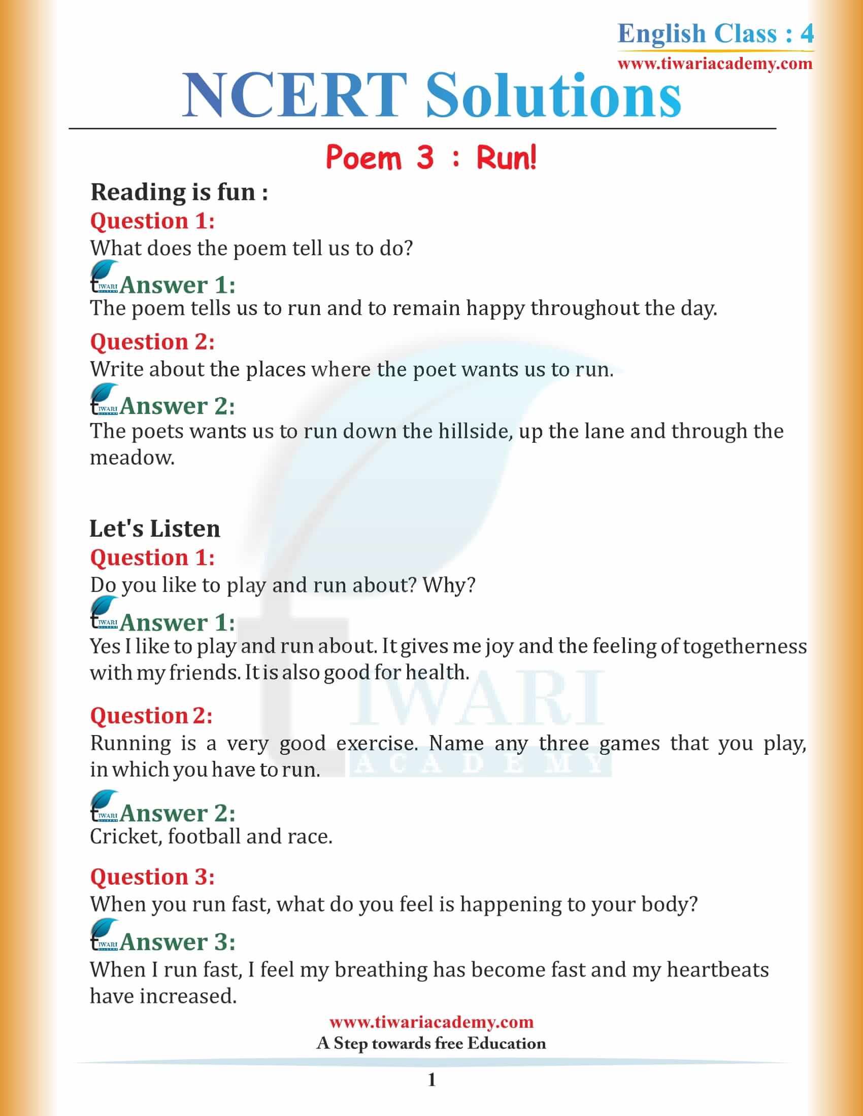 NCERT Solutions for Class 4 English Unit 3 Chapter 1 Run