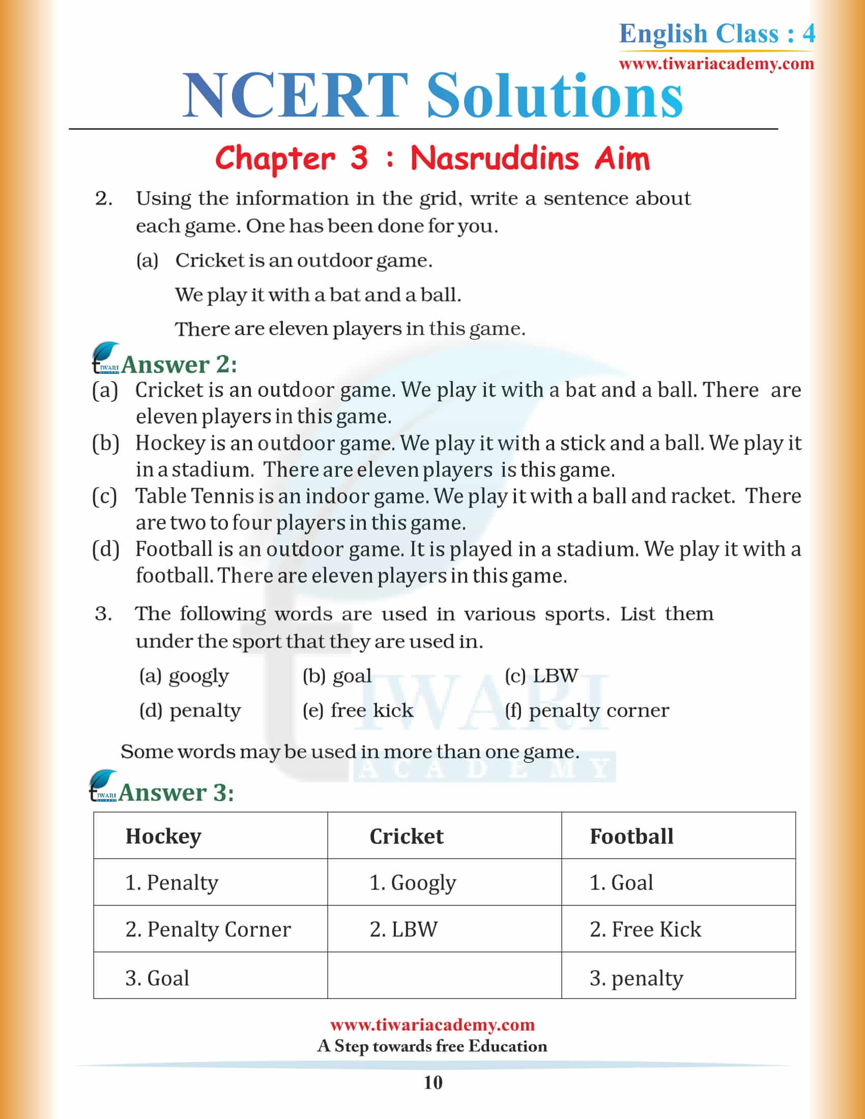 Class 4 English Unit 3 NCERT Solutions in PDF