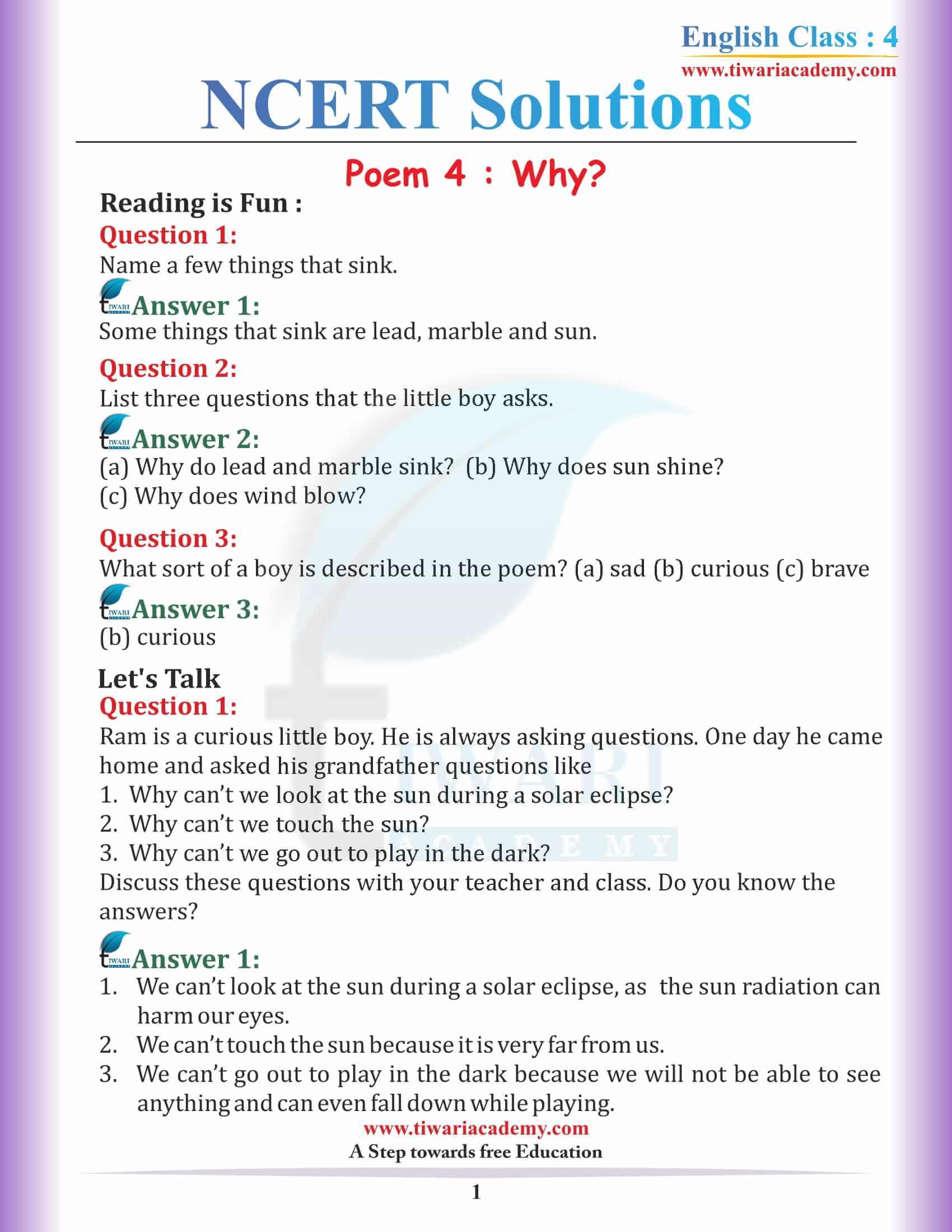 NCERT Solutions for Class 4 English Unit 4 Chapter 1 Why?