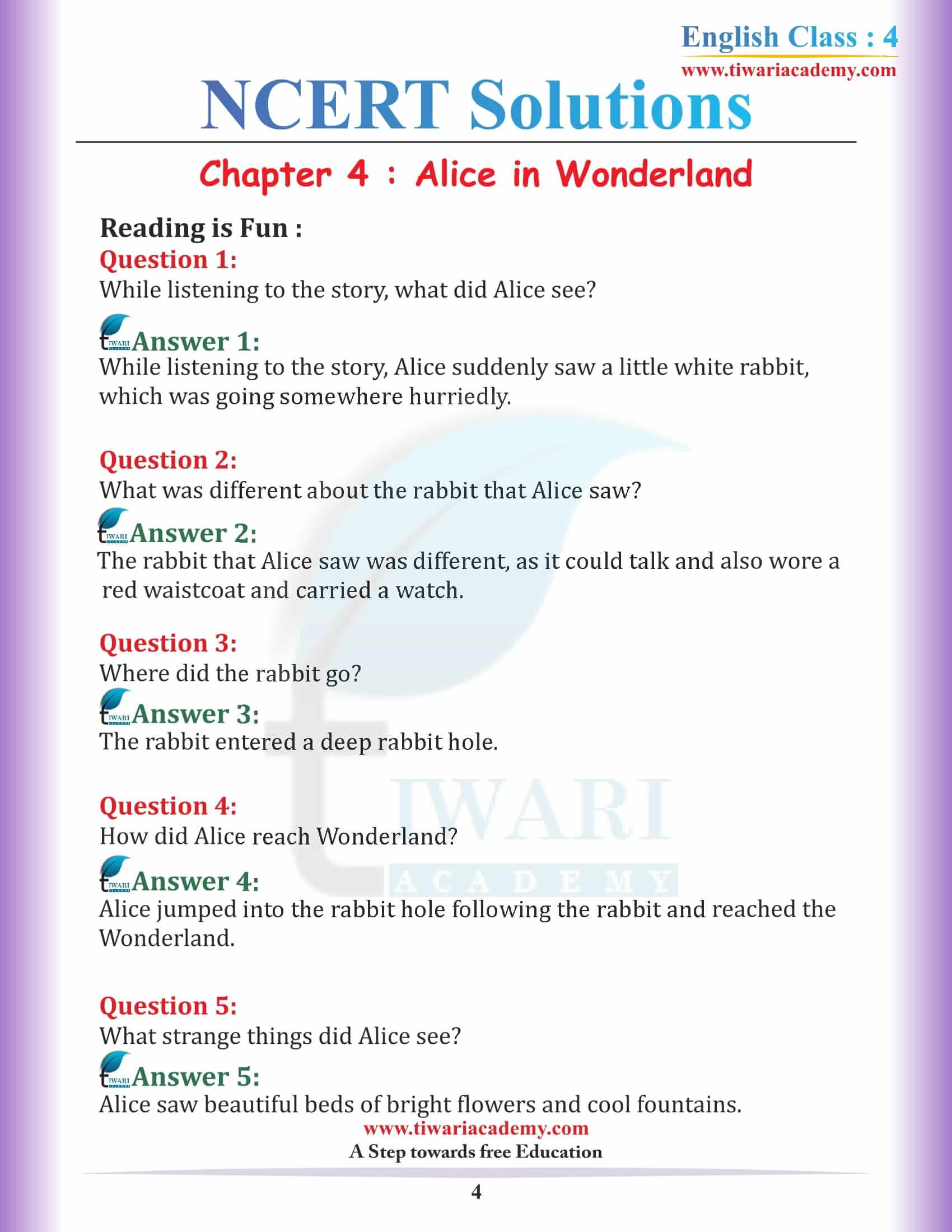 NCERT Solutions for Class 4 English Unit 4 answer