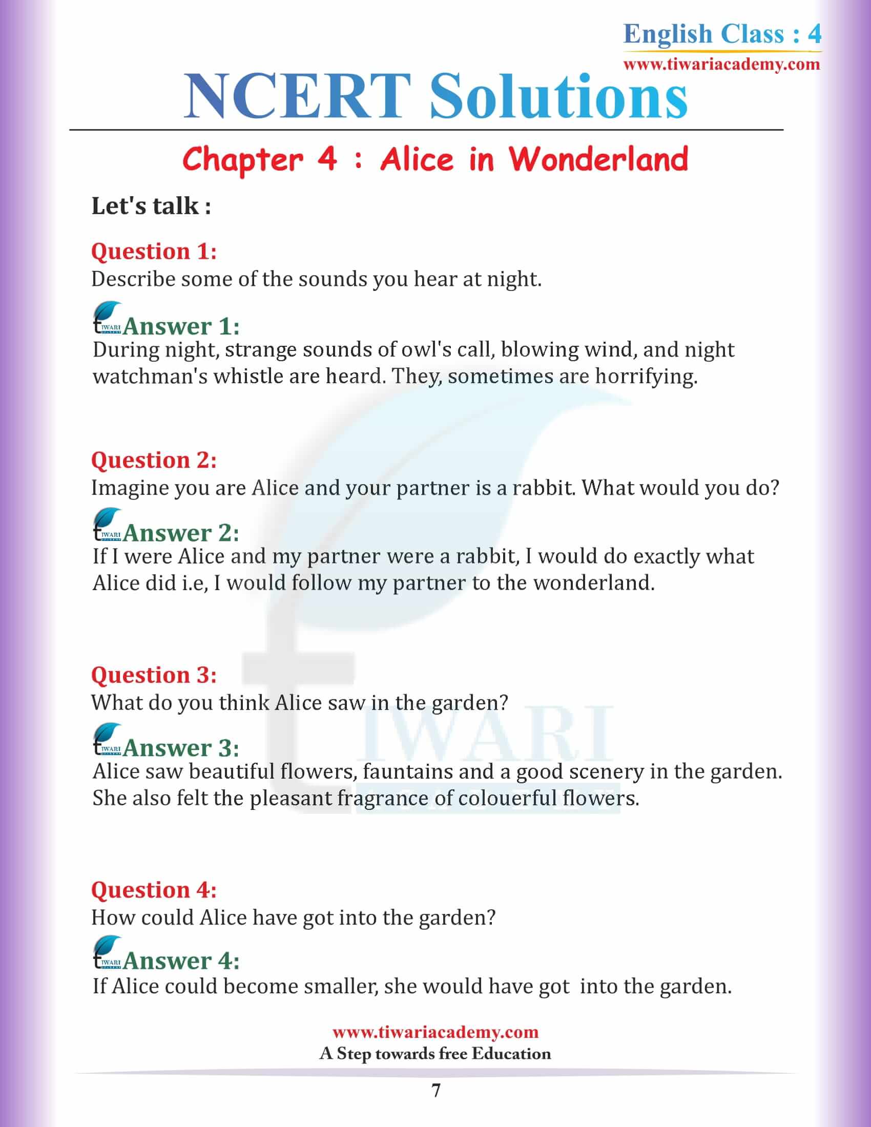 Class 4 English Unit 4 NCERT Solutions answer