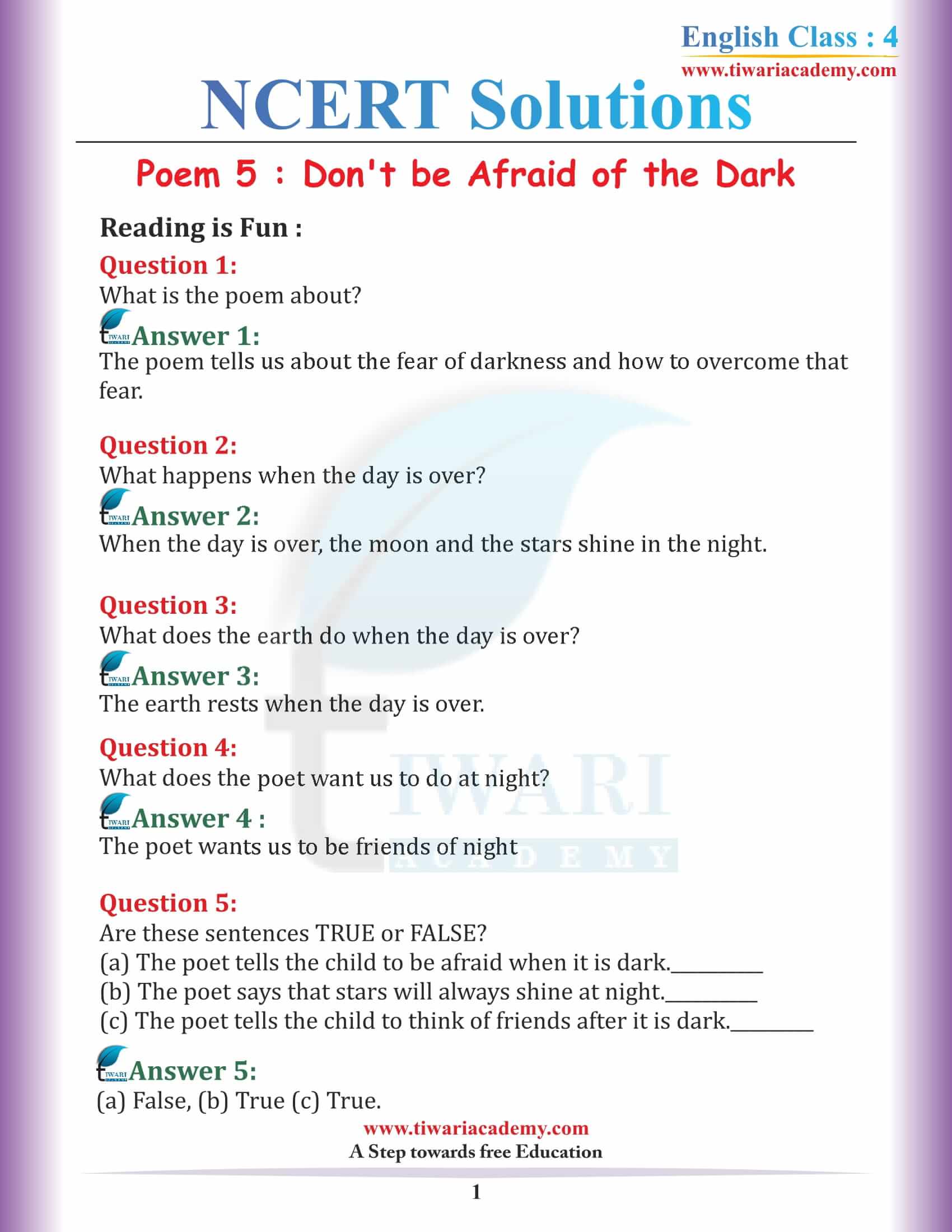 NCERT Solutions for Class 4 English Unit 5 Chapter 1 Don’t be Afraid of the Dark