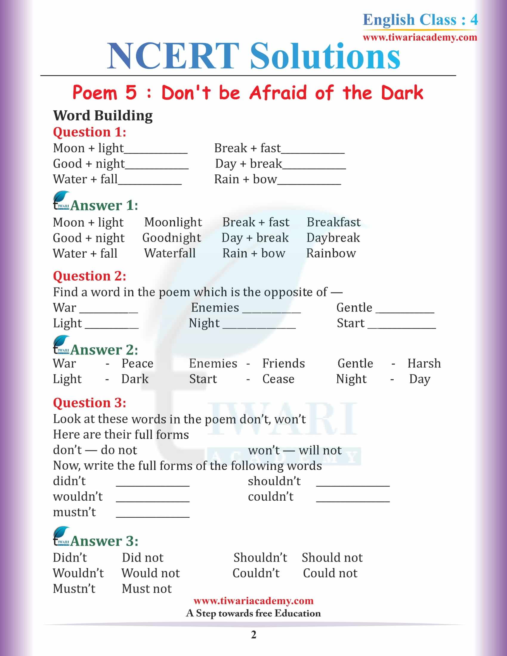 Class 4 English Unit 5 Chapter 1 Don’t be Afraid of the Dark