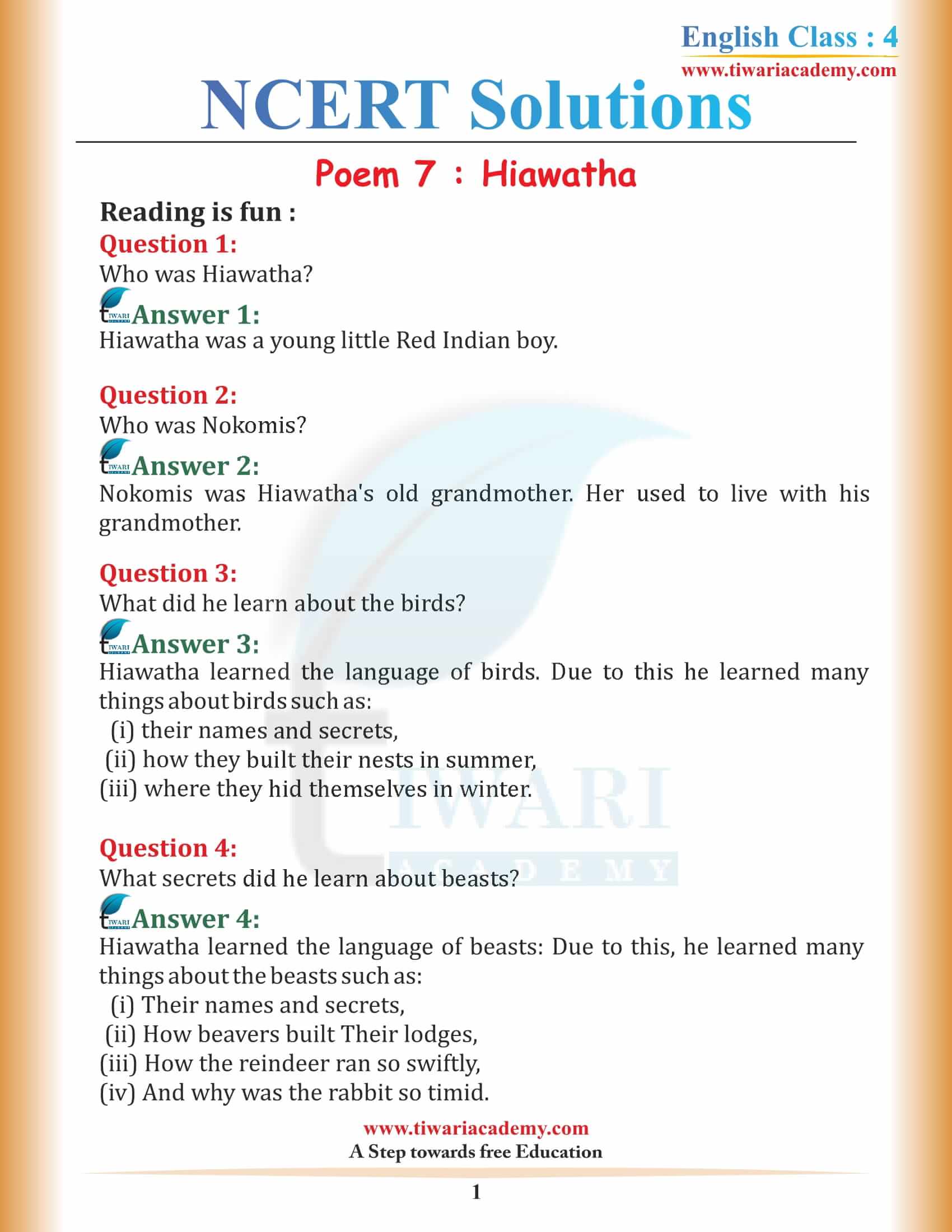 NCERT Solutions for Class 4 English Unit 7 Chapter 1 Hiawatha