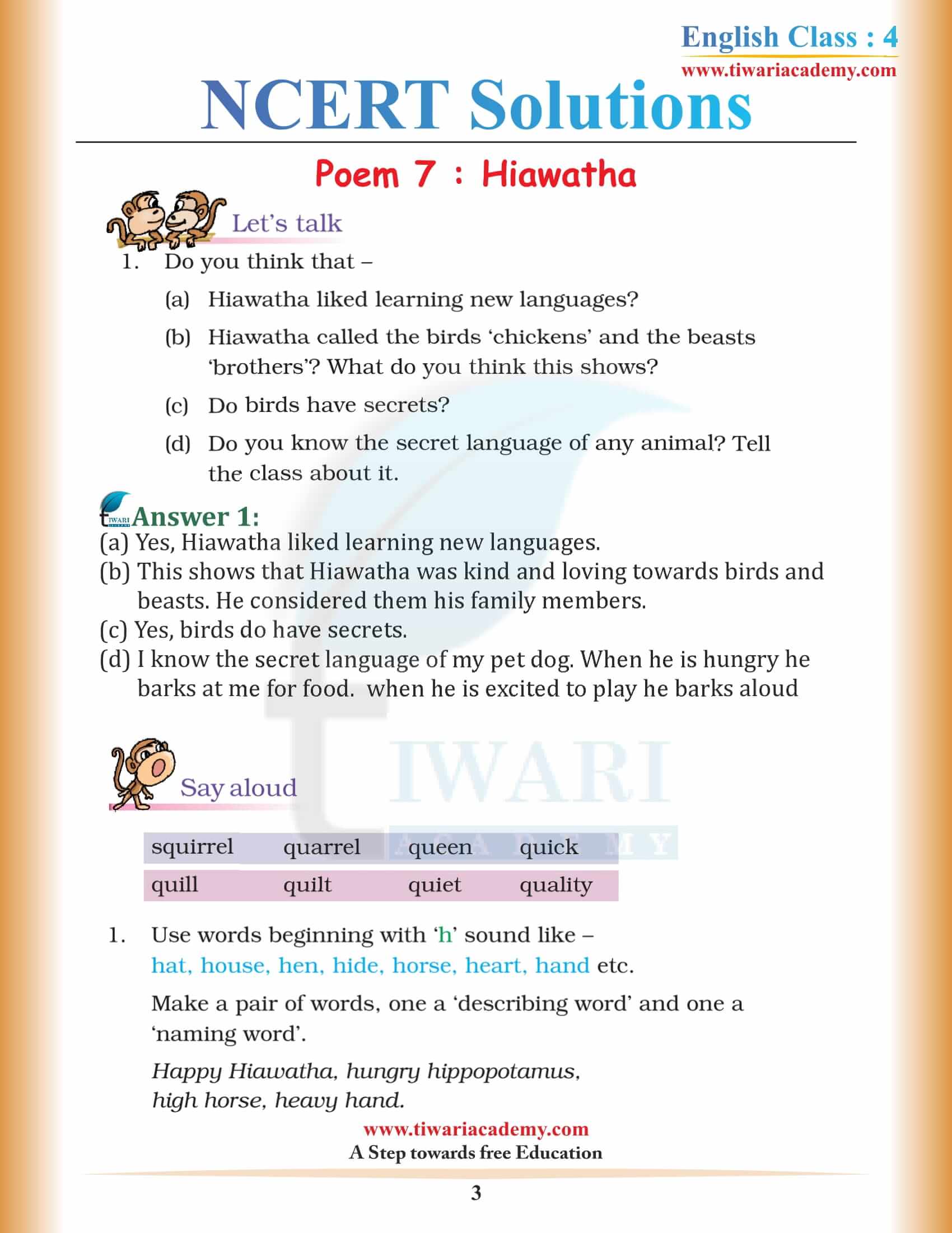 NCERT Solutions for Class 4 English Unit 7