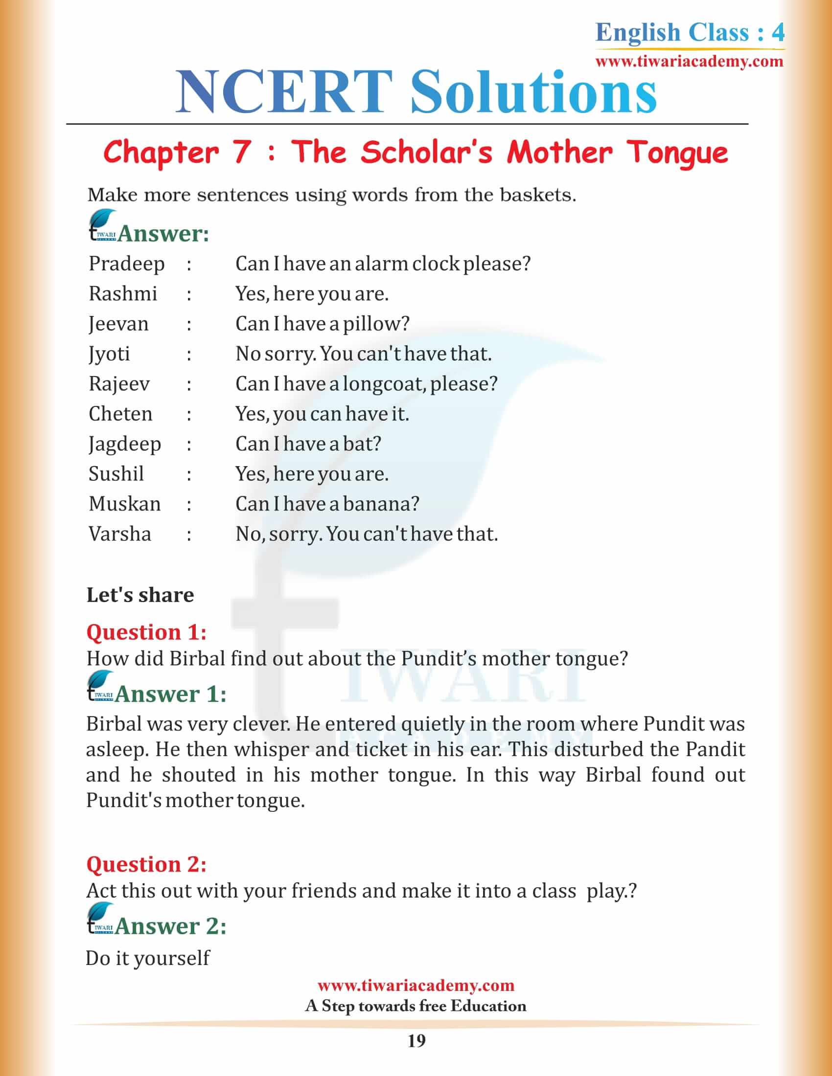 Class 4 NCERT English Book Unit 7 Answers