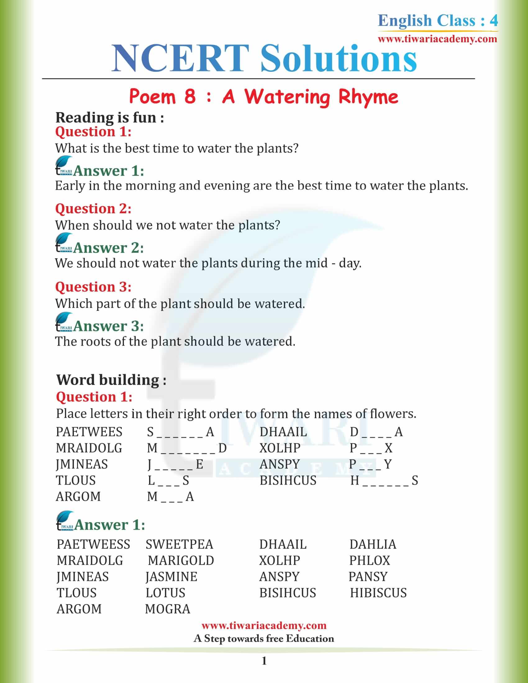NCERT Solutions for Class 4 English Unit 8 Chapter 1 A Watering Rhyme