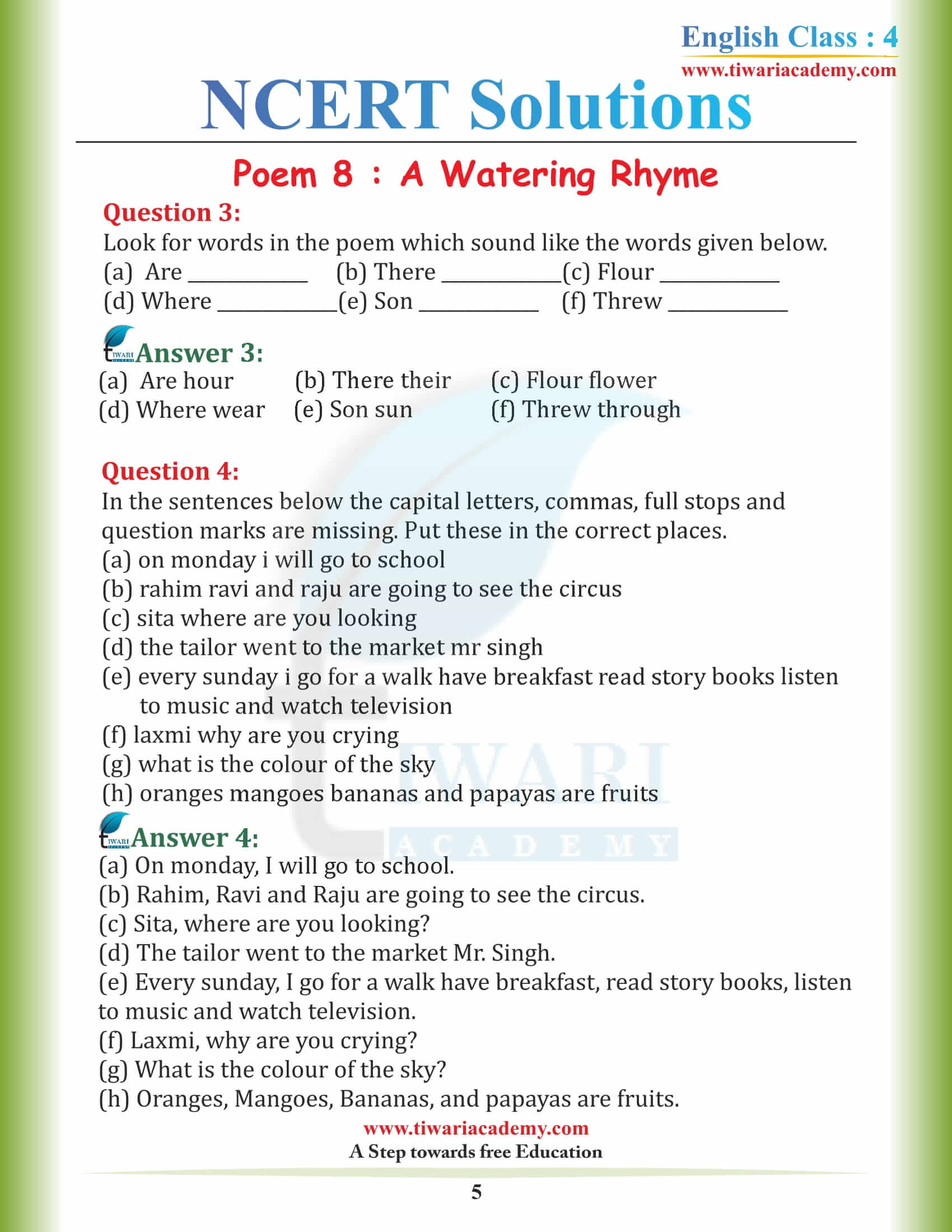 Class 4 English Unit 8 NCERT Solutions