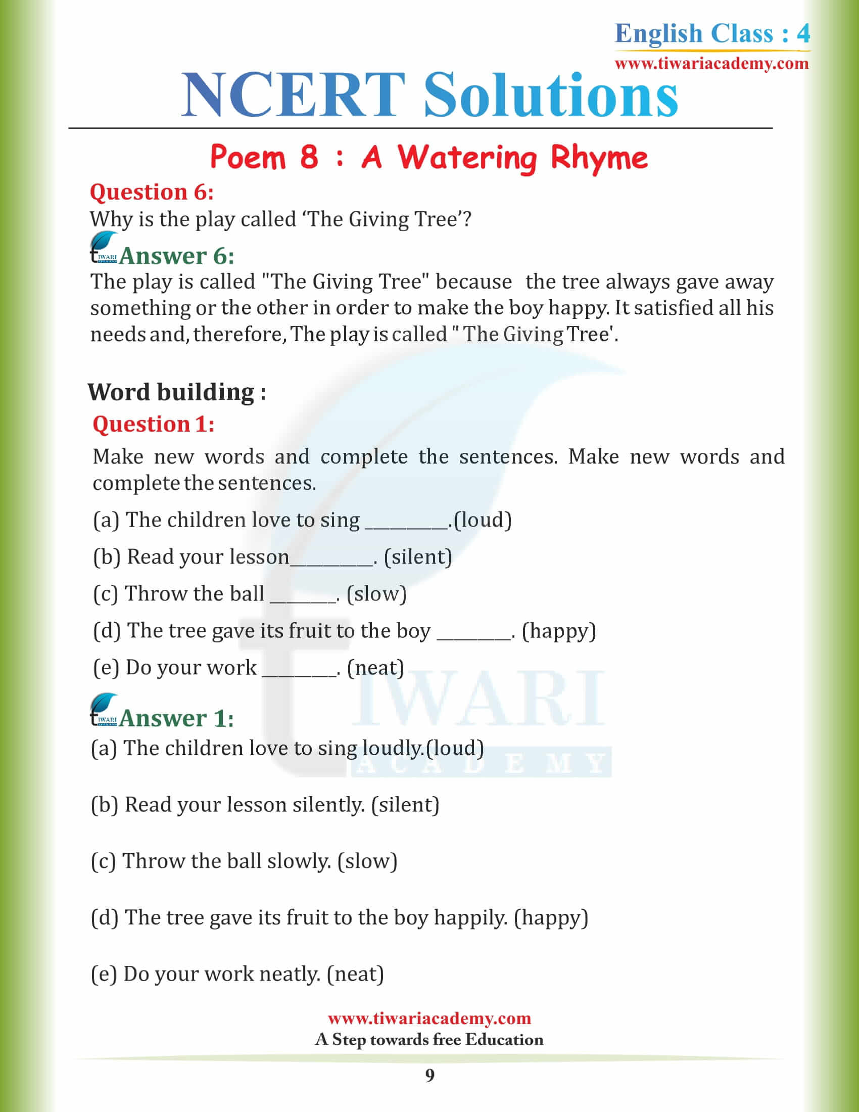 Class 4 NCERT English Unit 8 Solutions