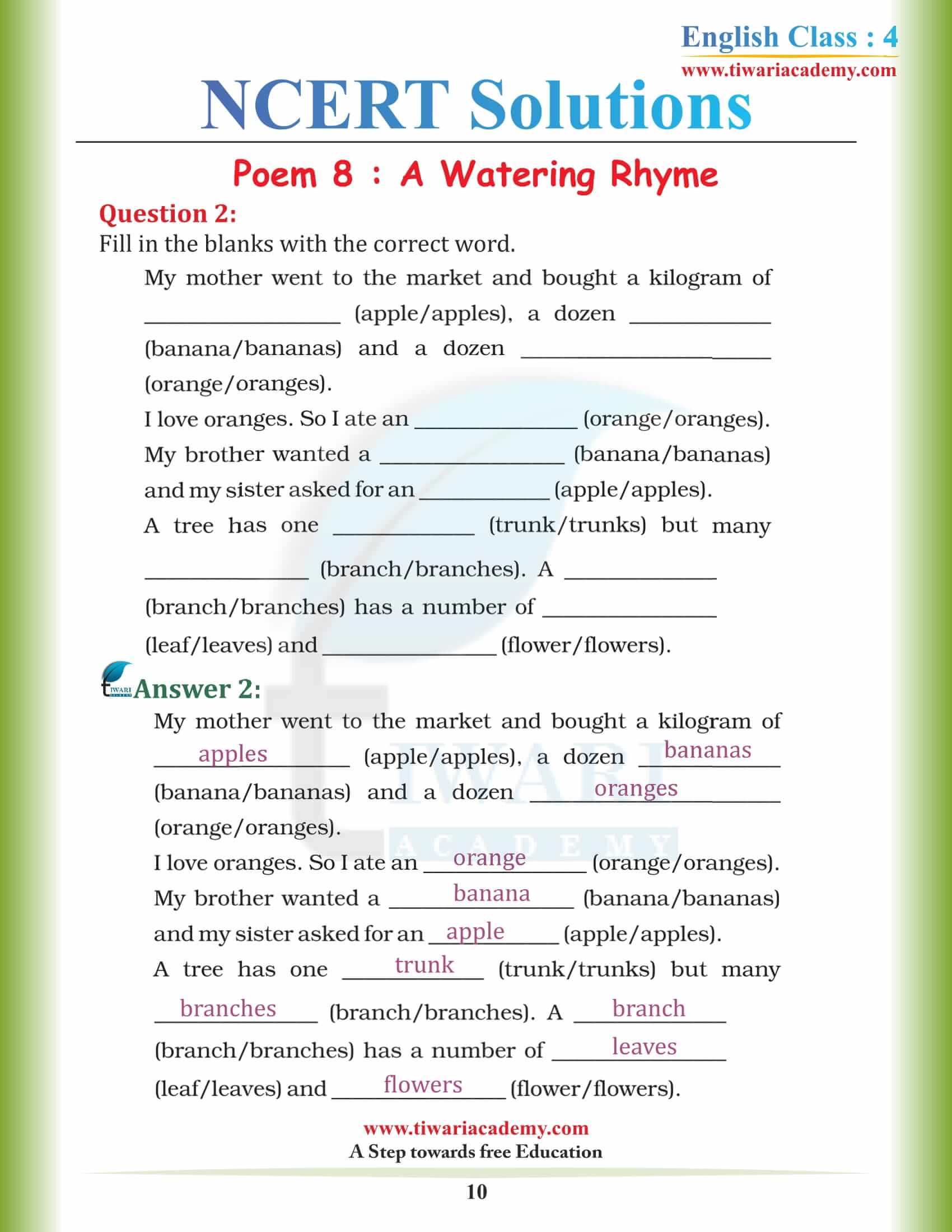 Class 4 NCERT English Unit 8 answers