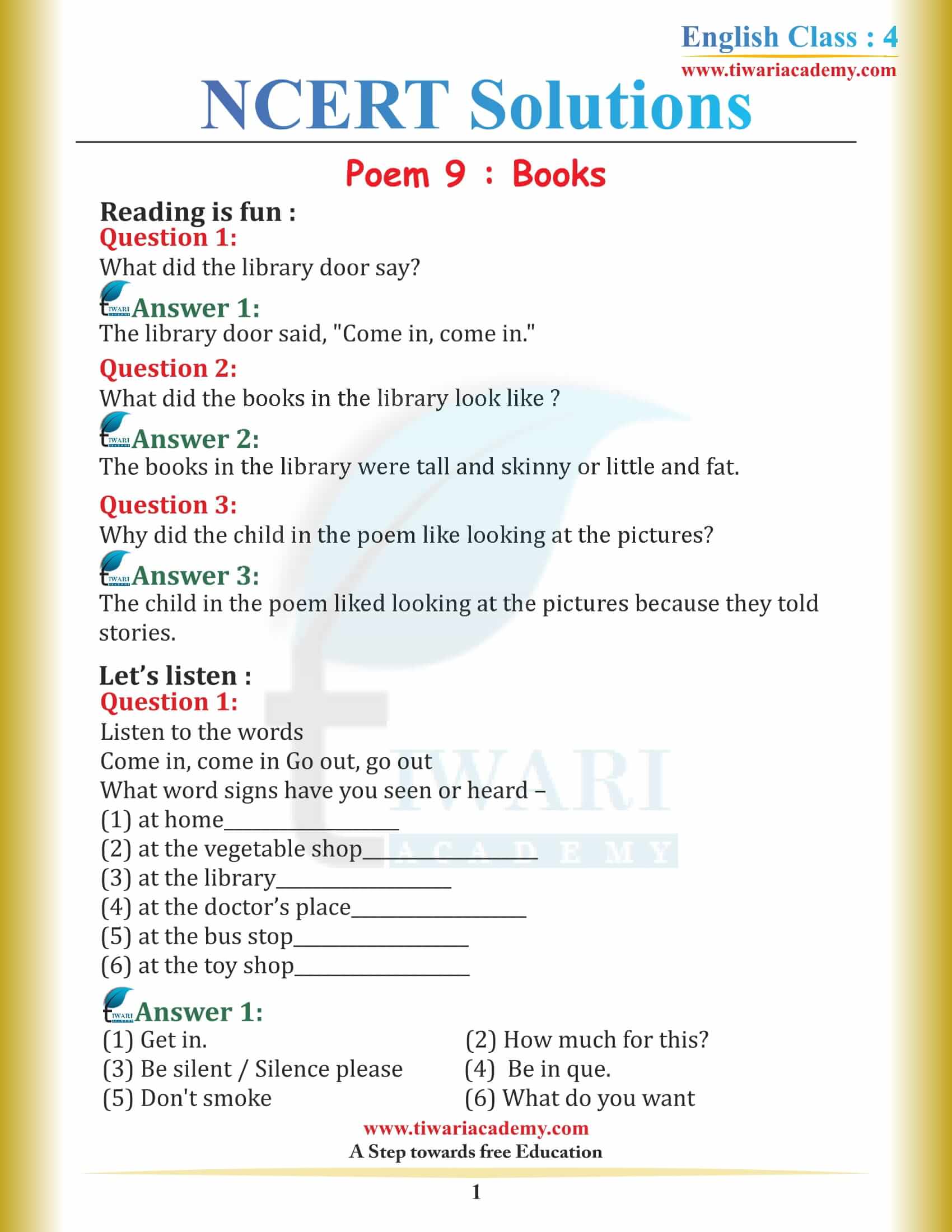 NCERT Solutions for Class 4 English Unit 9 Chapter 1 Books