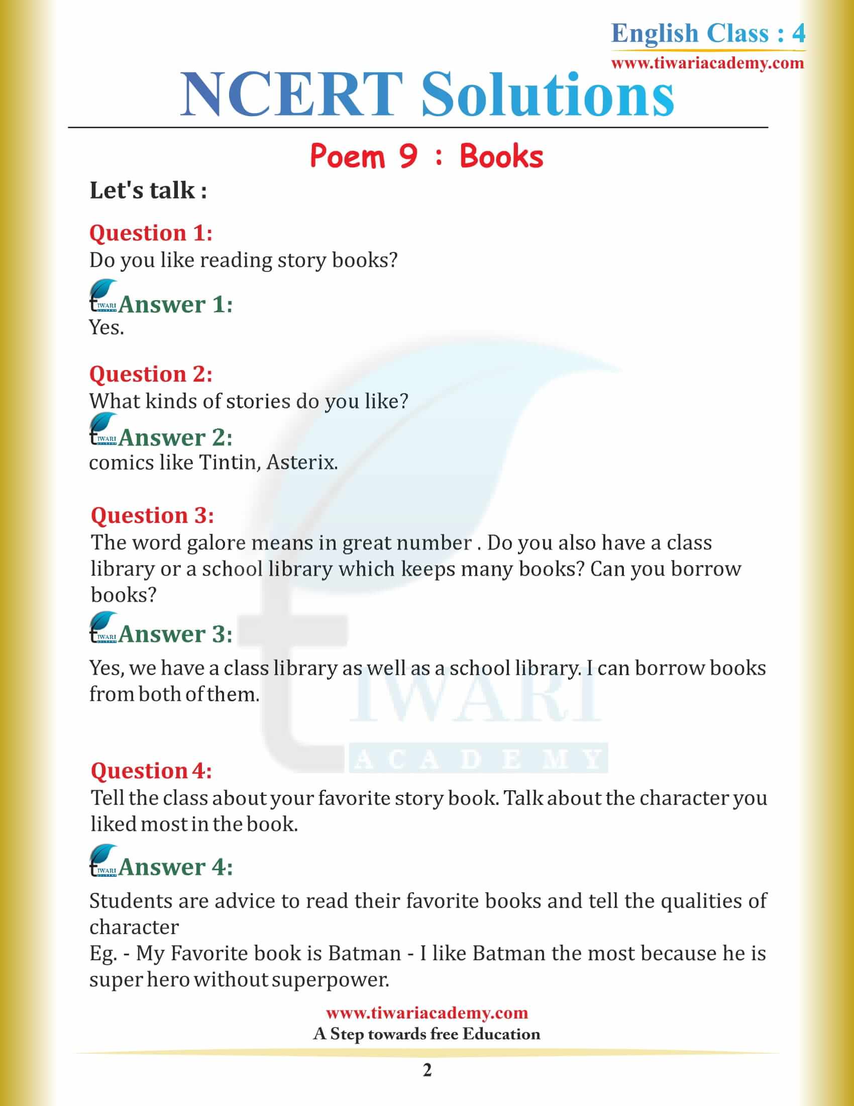 NCERT Solutions for Class 4 English Unit 9