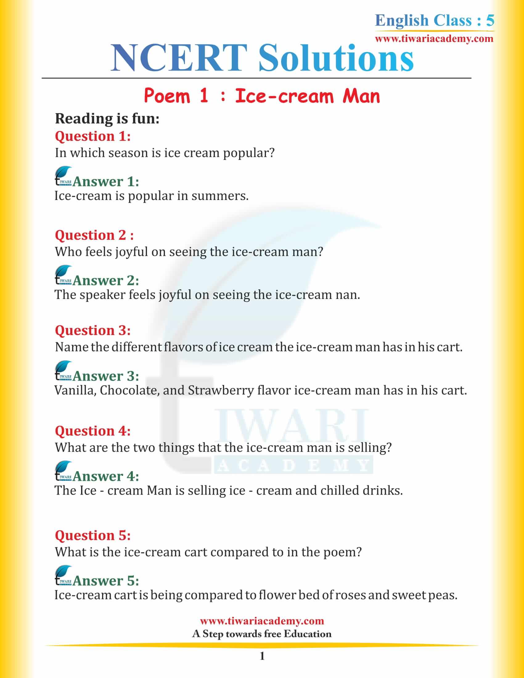NCERT Solutions for Class 5 English Chapter 1 Ice-cream Man and Wonderful Waste