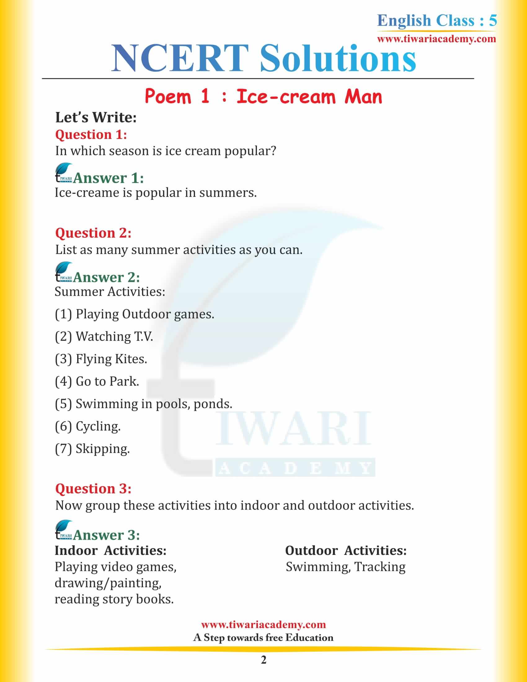 NCERT Solutions for Class 5 English Chapter 1 Ice-cream Man