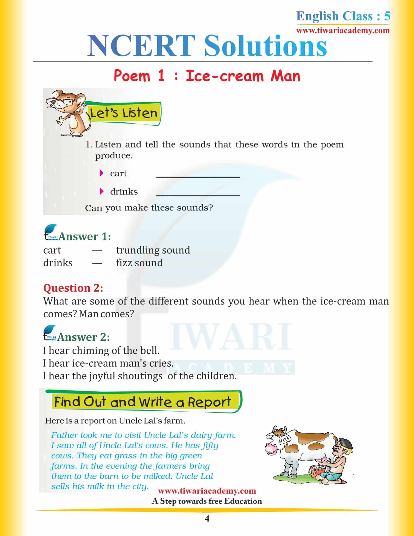 NCERT Solutions for Class 5 English Chapter 1 Ice-cream Man Question answers