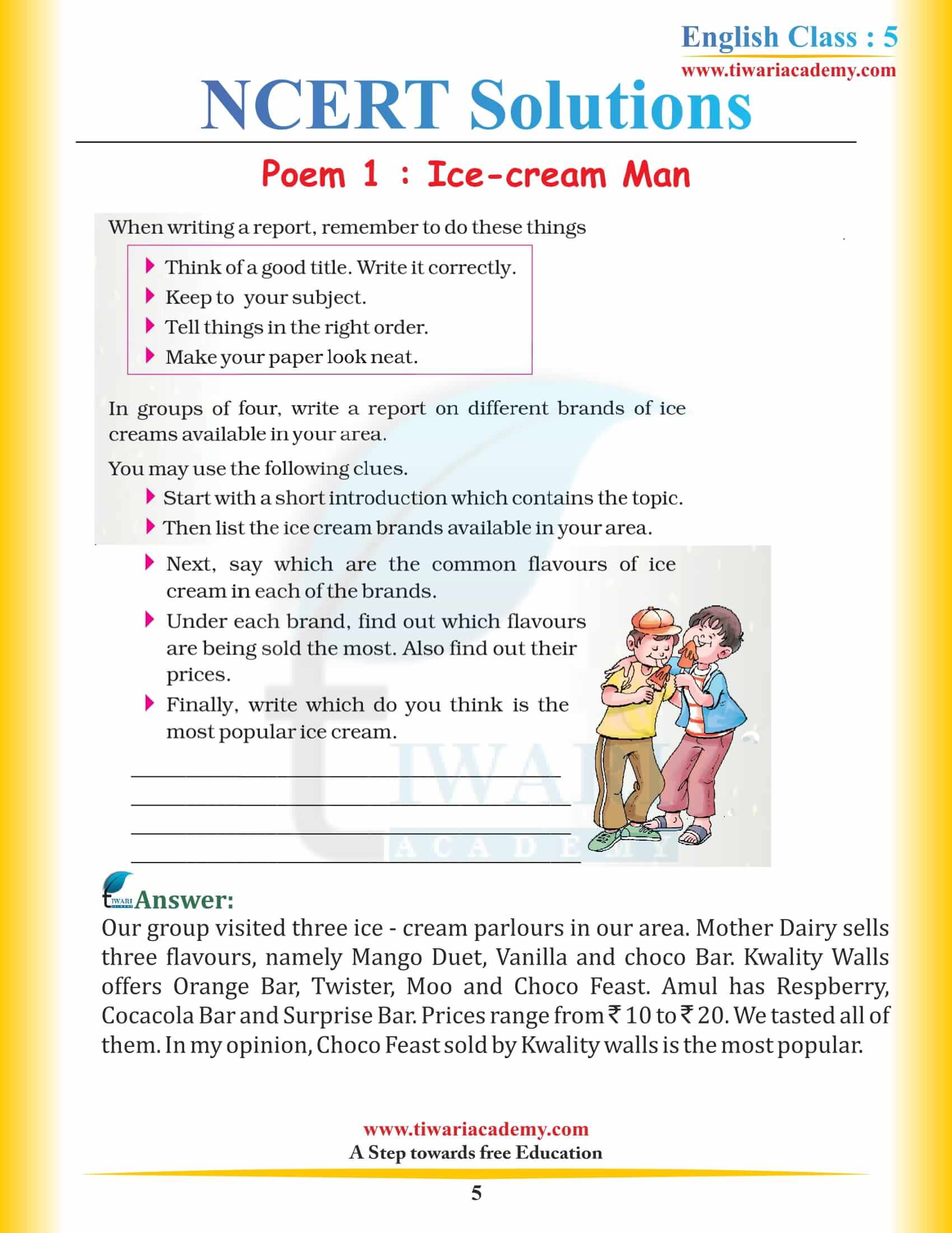 NCERT Solutions for Class 5 English Chapter 1 Ice-cream Man in PDF