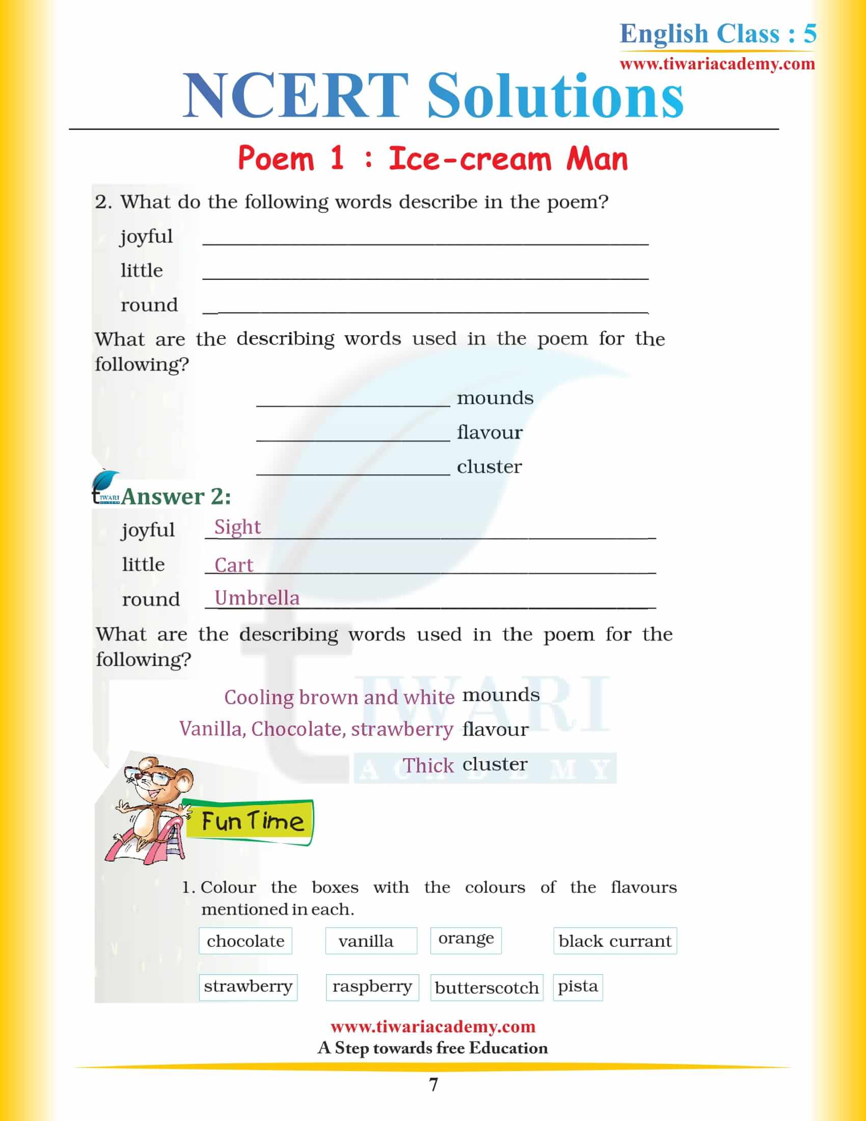 Free NCERT Solutions for Class 5 English Chapter 1 Ice-cream Man