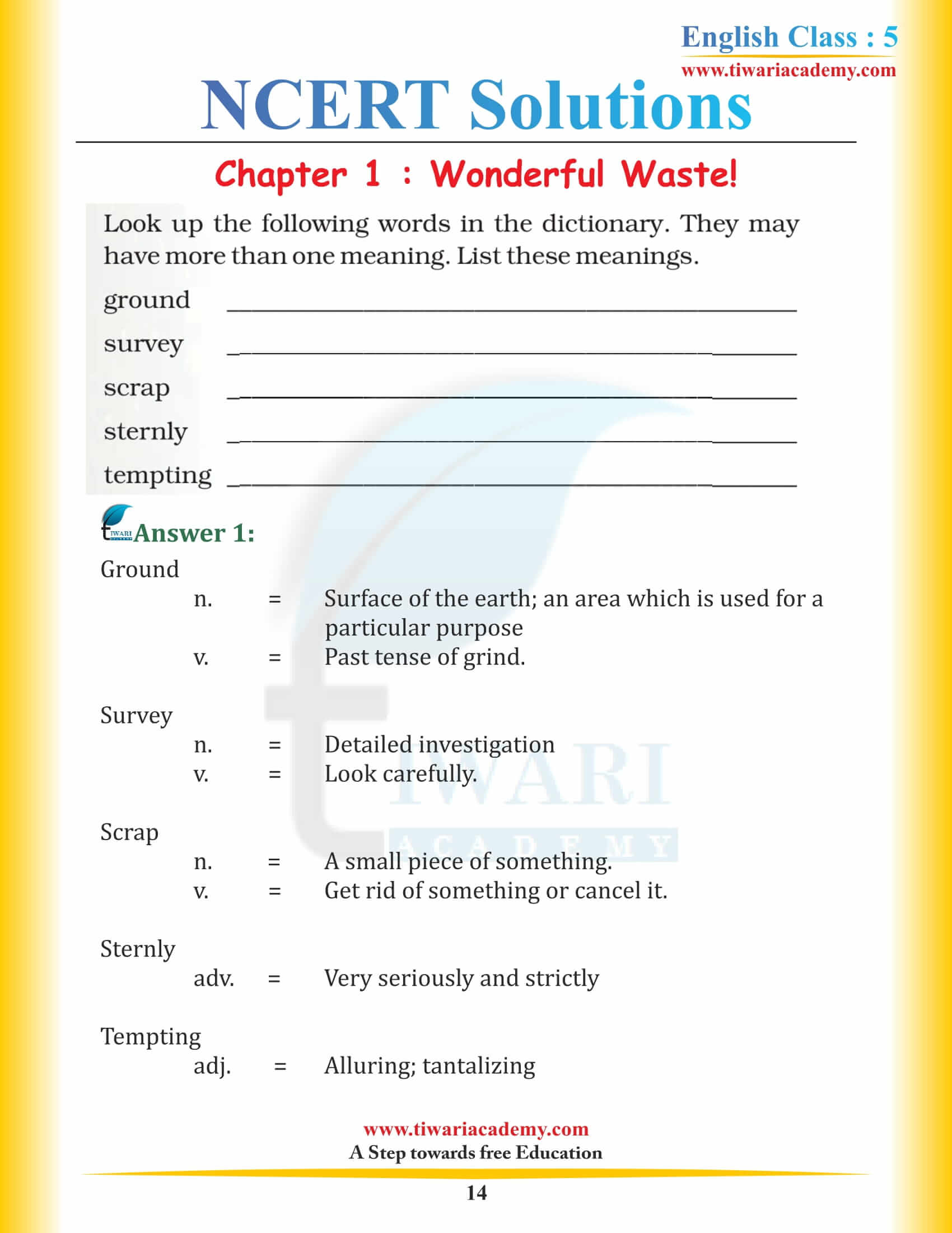 NCERT Solutions for Class 5 English Chapter 1 Wonderful Waste q and a