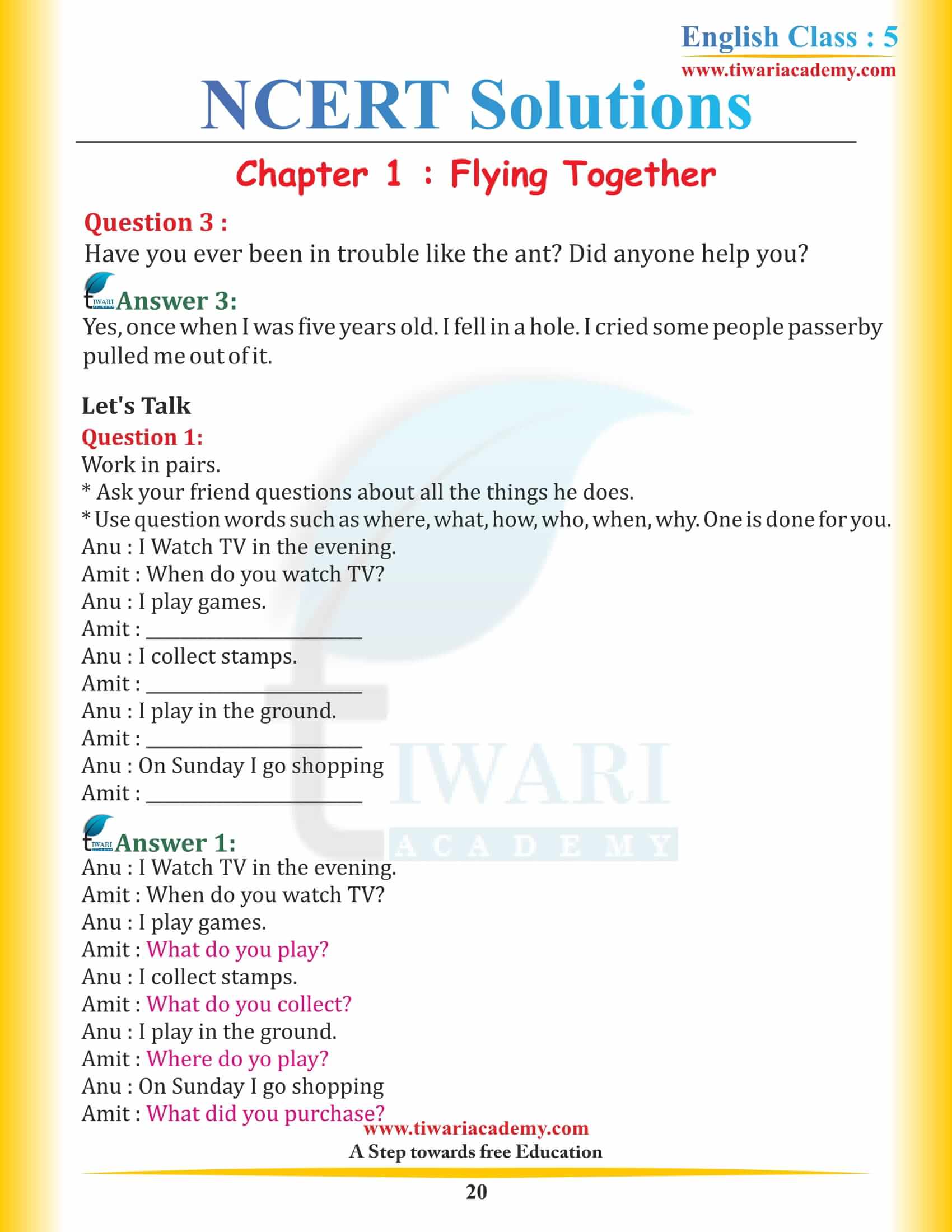 Class 5 English Chapter 1 Flying Together NCERT Solutions PDF