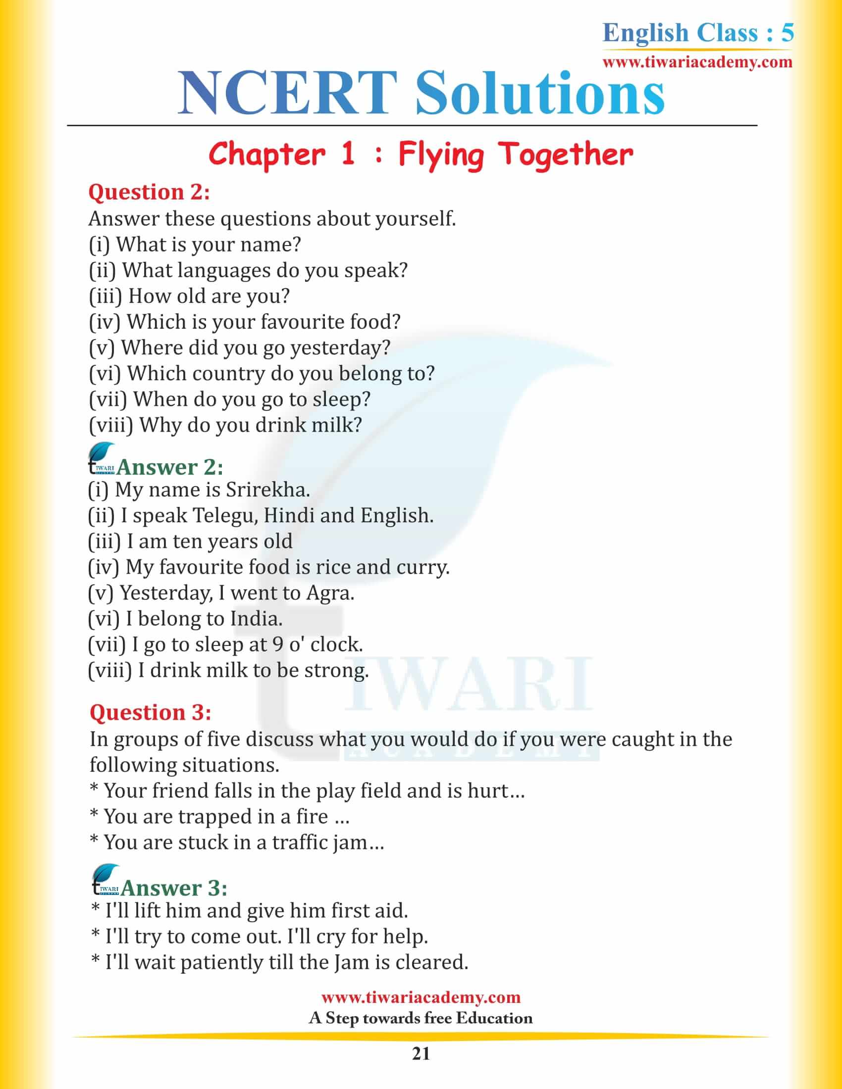 Class 5 English Chapter 1 Flying Together free solutions